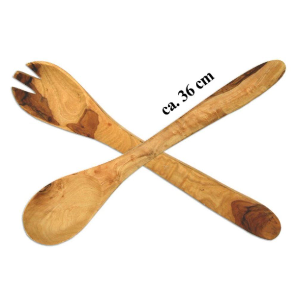Olivenholz-erleben Salatbesteck Groß aus Olivenholz, Länge ca. 35 cm (Set, 2-tlg., 1x Salatgabel und 1x Salatlöffel), bestehend aus 1x Gabel und 1x Löffel