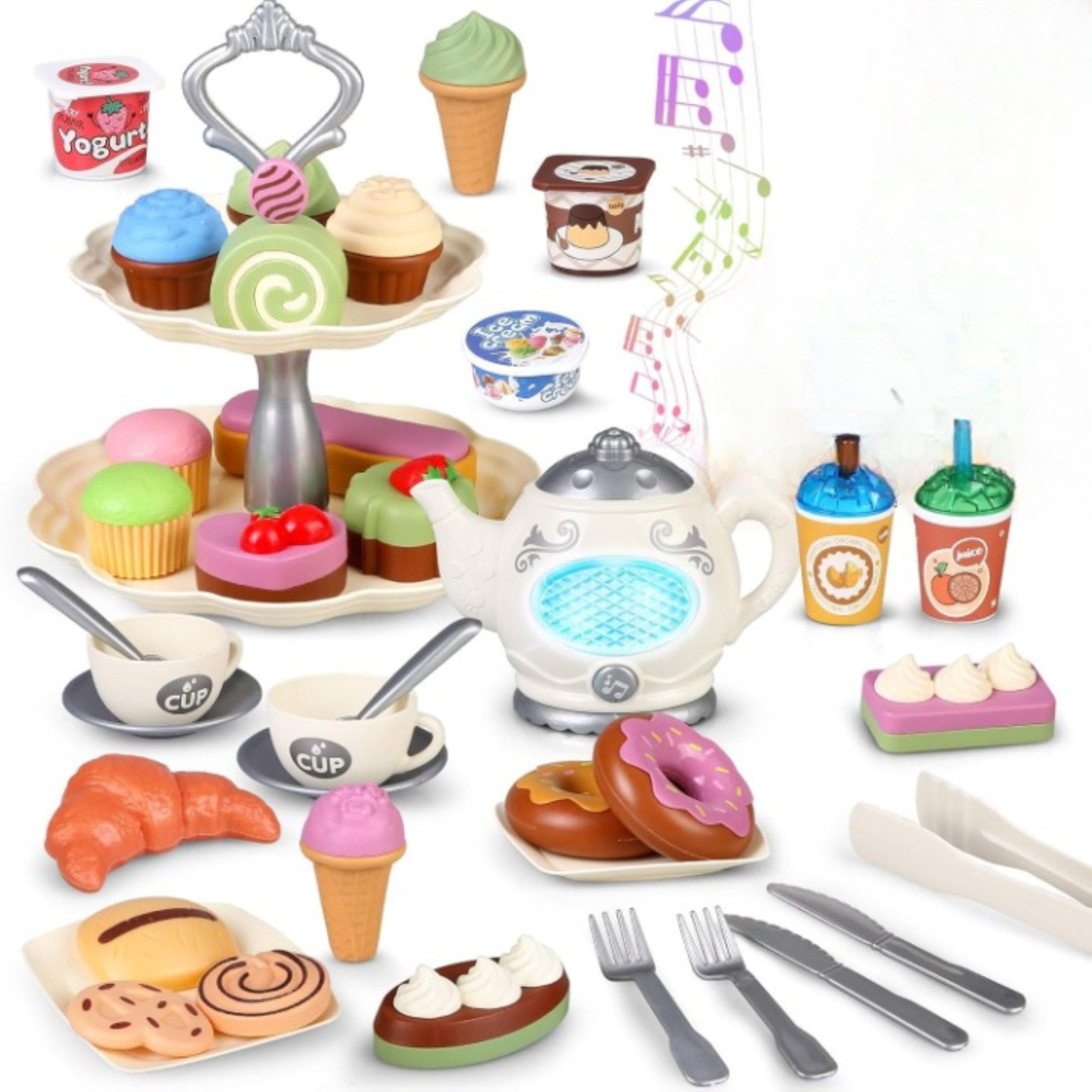 Kramow Spiellebensmittel Teeparty Spielset für Kinder, interaktive Teekanne & Dessertständer, (Teeparty Spielset mit interaktiver Teekanne, Dessertständer und Zubehör, 62-tlg., Kinderspielset für Rollenspiele mit Licht-Teekanne Игрушки-Desserts), Interaktive Teekanne, LED-Licht, Dessertständer, Игрушки-Desserts