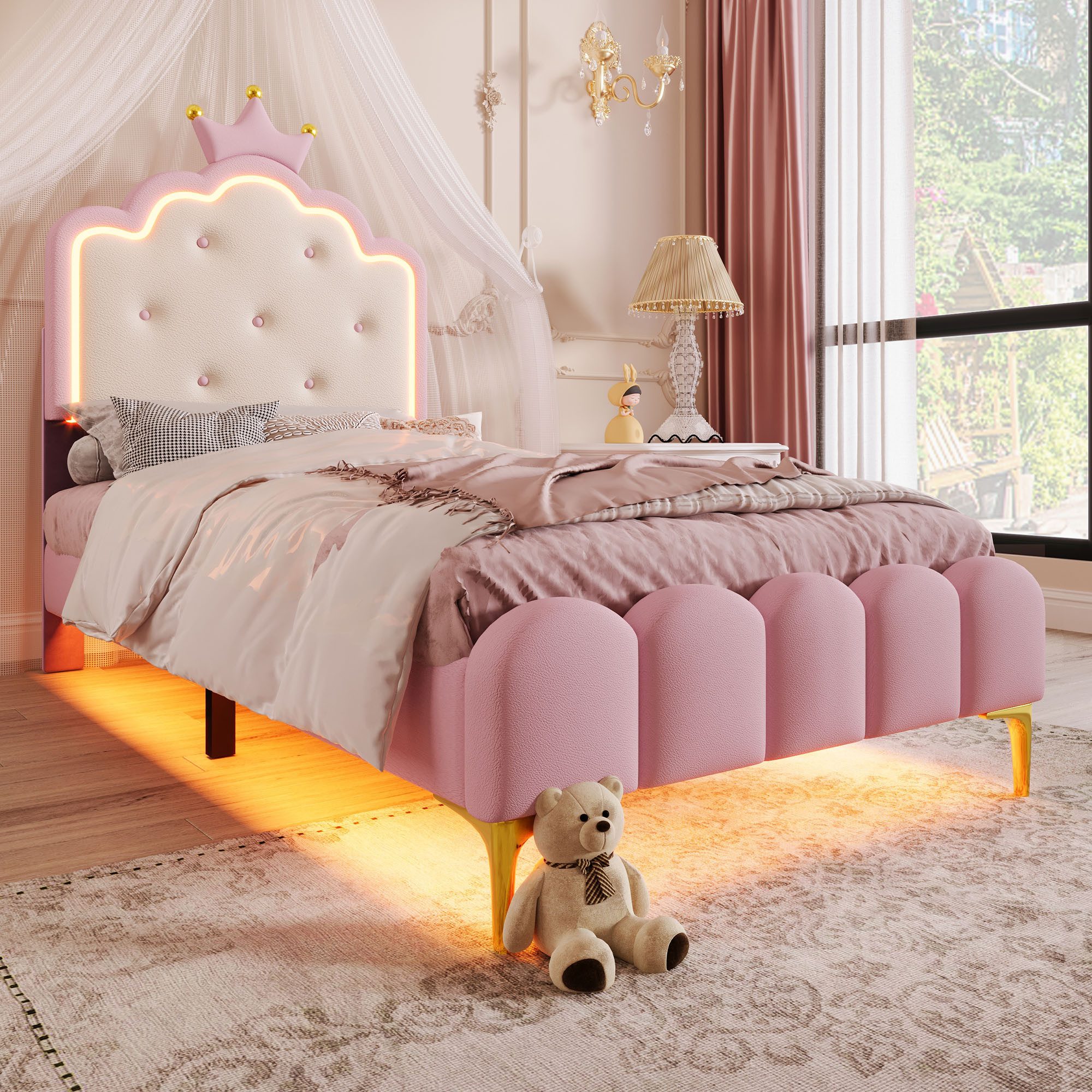 HAUSS SPOLE Polsterbett 90 x 200 cm, mit Ambiente-Licht und Fernbedienung, PU, Rosa (Polsterbett, Kronprinzessinnen-Design mit LED-Umgebungslicht, Fernbedienung, Metallfüße, umweltfreundliches PU, ideal für Mädchenzimmer, romantische Atmosphäre, mit Lattenrost – ohne Matratze, 90 x 200 cm), ohne Matratze