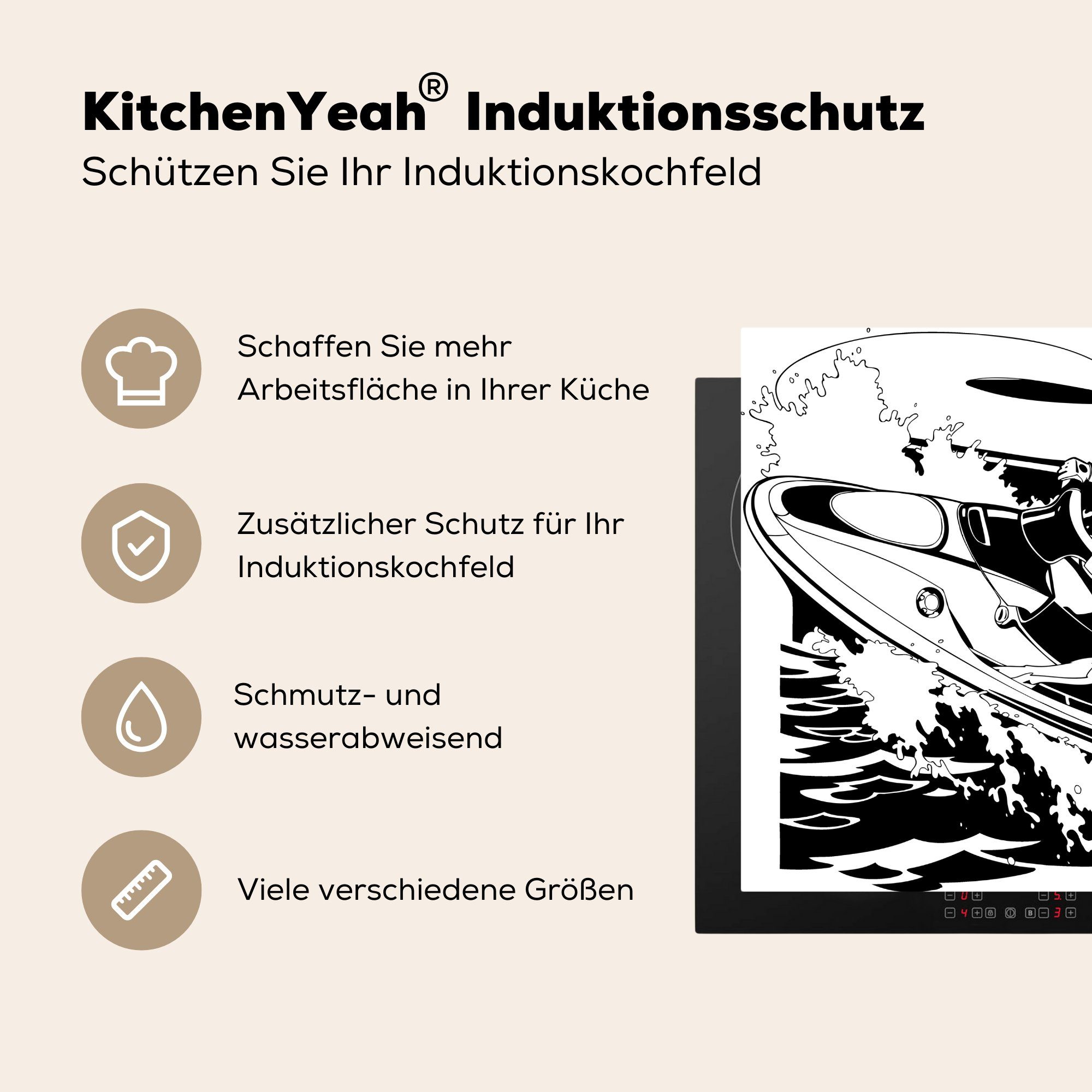 78x78 Vinyl, Herdblende-/Abdeckplatte Ceranfeldabdeckung, (1 Eine MuchoWow für Illustration küche eines springenden tlg), Arbeitsplatte Jetskis, cm,