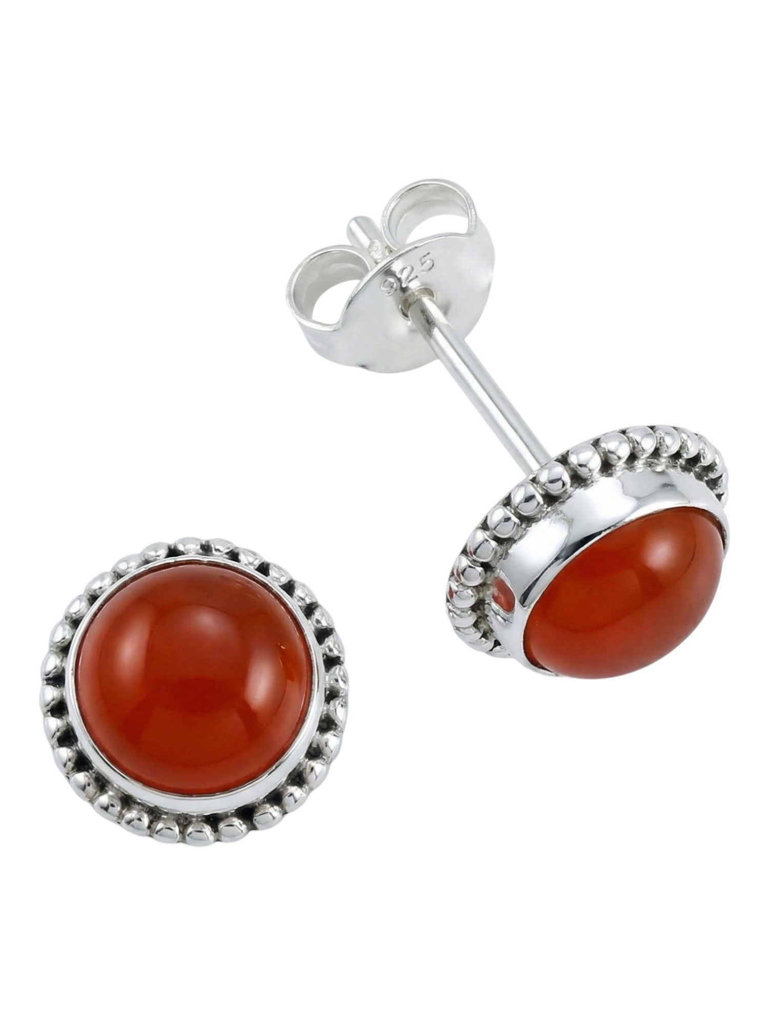 mantraroma Paar Ohrstecker PUNTI rund groß aus 925 Silber mit Karneol (Paar, Paar Ohrringe mit Schmuckbeutel), 925 Sterling Silber Ohrringe für Damen