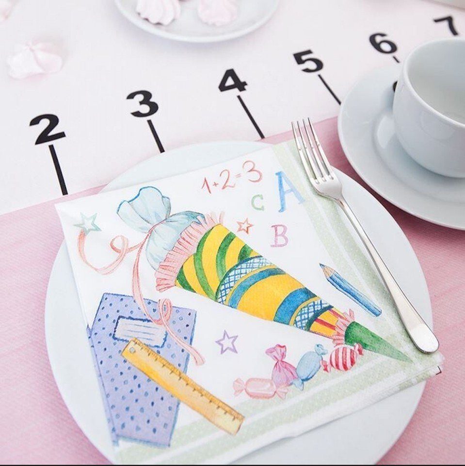 HOME FASHION Stoffserviette Schulanfang "School Start Party" Servietten ca.33 cm x 33 cm/3lagig