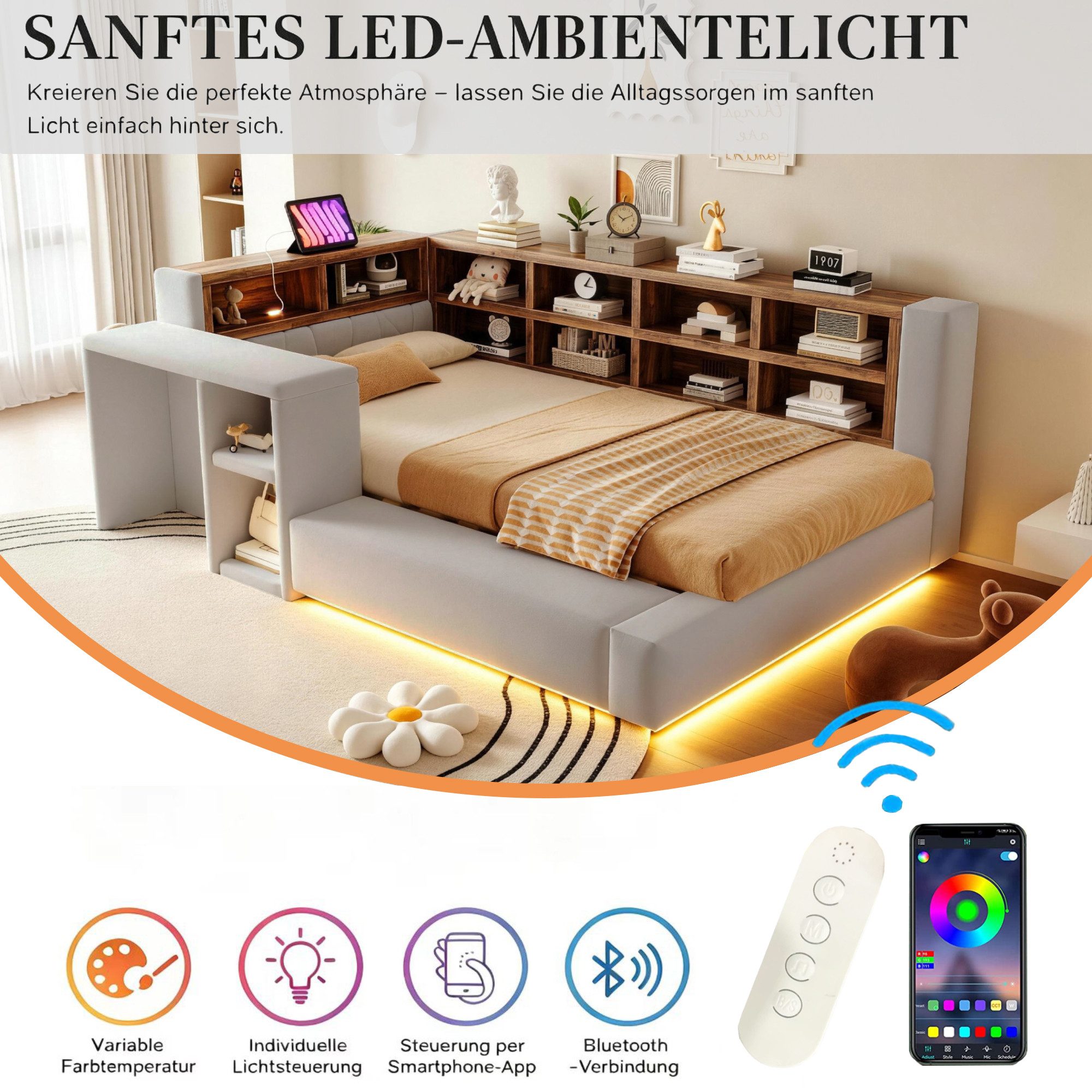 Merax Daybett 90x200cm mit LED-Beleuchtung und Steckdosen (Samt Jugendbett Sofabett Schlafsofa Kinderbett, 1 tlg), Polsterbett mit gepolstertem Kopfteil, Staura – Bild 4 von 5