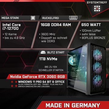 SYSTEMTREFF Basic Gaming-PC-Komplettsystem (24", Intel Core i7 12700, GeForce RTX 3060, 16 GB RAM, 1000 GB SSD, Windows 11, WLAN)