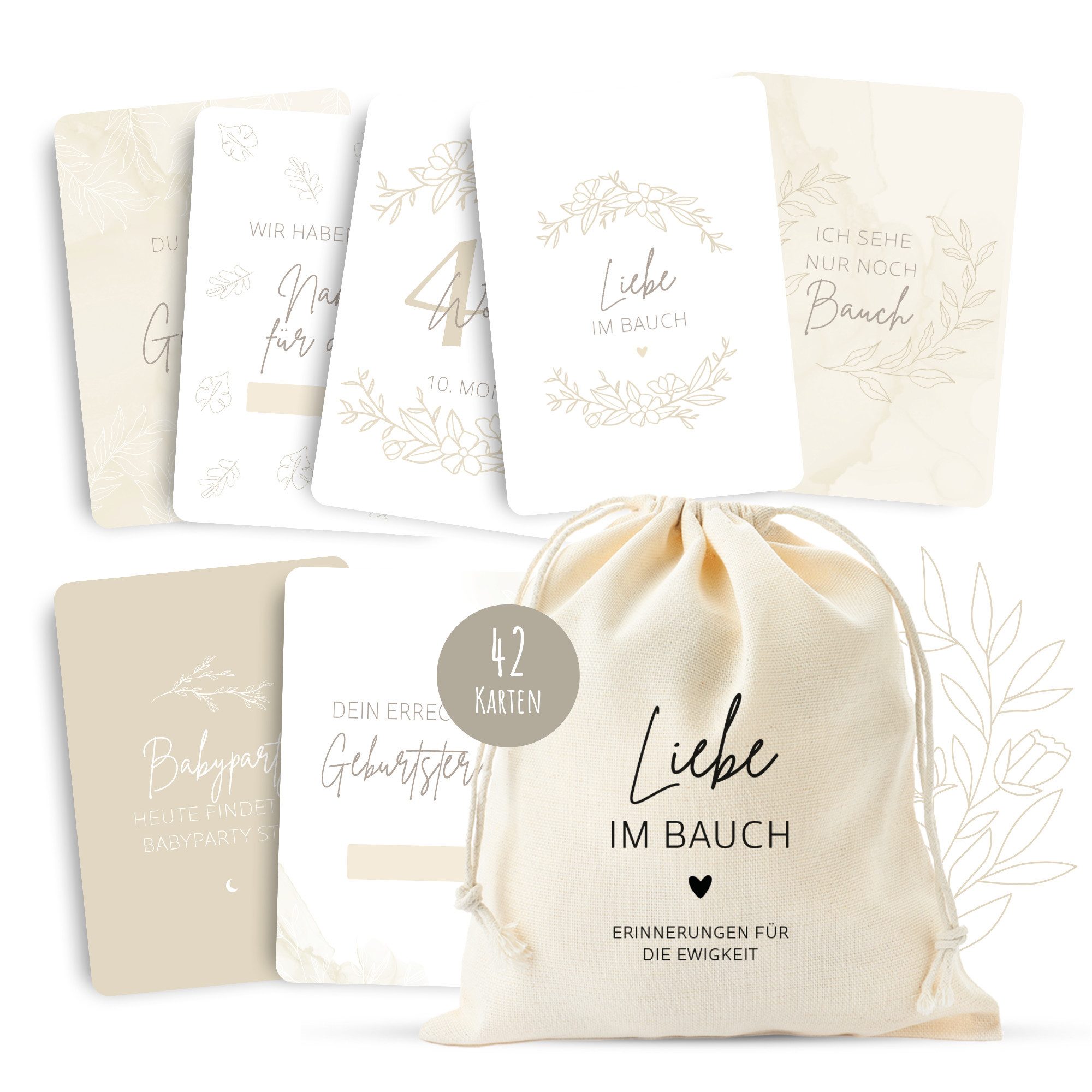 MeinBaby123® Geburtskarte 42 Meilensteinkarten Schwangerschaft zum Ausfüllen, inkl. Baumwollsäckchen, Geschenk zur Schwangerschaft