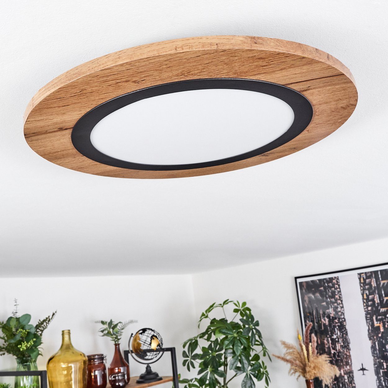 hofstein Deckenleuchte Deckenlampe aus Metall/MDF/Kunststoff in Schwarz/Holzoptik/Braun/Weiß, LED fest integriert, 3000 Kelvin, runde Leuchte (39,5 cm), 1350 Lu – Bild 5 von 5