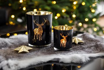 EDZARD Windlicht Fancy, Kerzenglas-Set für Teelichter mit Hirsch-Motiv in Gold-Optik, Kerzenhalter für Teelicht und Maxi-Teelicht, Höhe 13 cm, Ø 10 cm