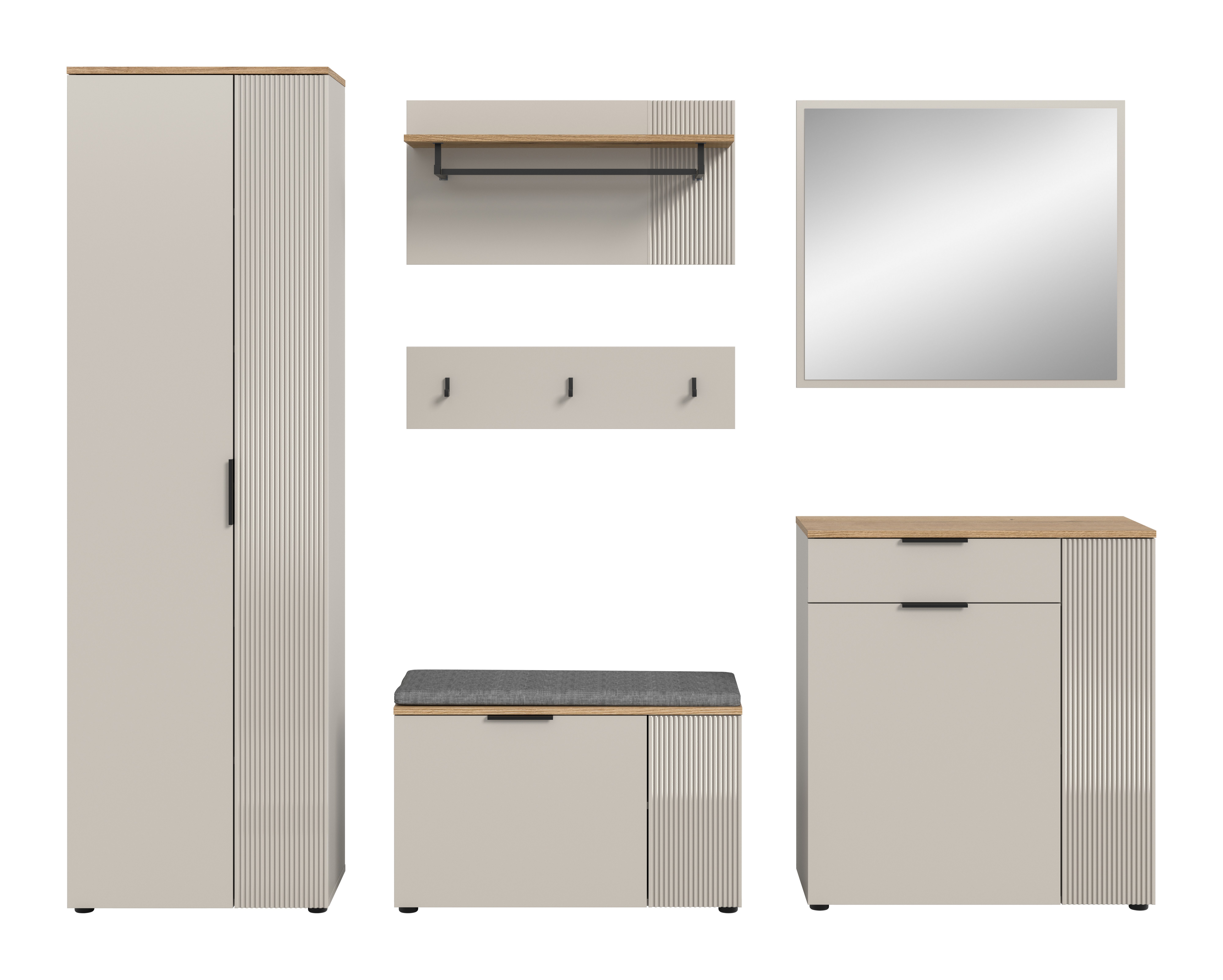 furnling Garderoben-Set Sileo, (5-St., Garderobenschrank, Kommode, Paneel, Sitzbank inkl. Kissen, Spiegel), pflegeleichte MDF Front mit Längstfräsung, Sitzfläche, Breite 250 cm