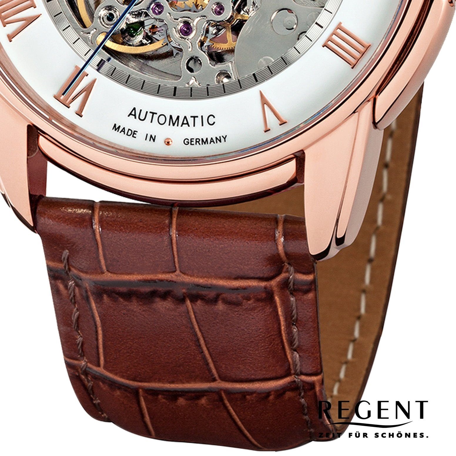 Regent Lederbandarmband Analog, groß (ca. Armbanduhr rund, Herren-Armbanduhr 42mm), Herren Quarzuhr braun Regent