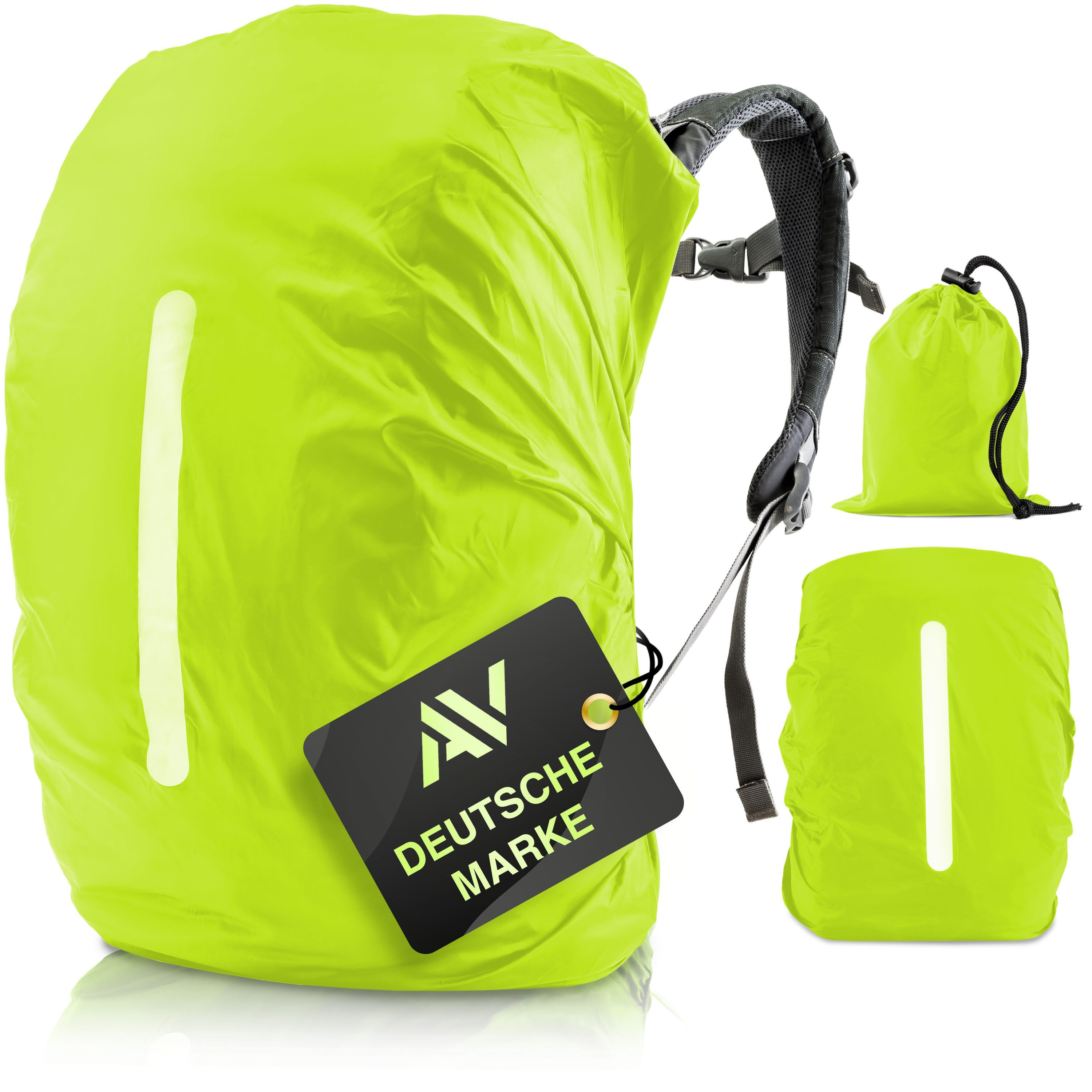 AVANA Rucksack-Regenschutz Rucksacküberzug mit Reflexstreifen (10-70L) Regenhülle Schulranzen, wasserdicht, reflektierendes Cover, Neongelb