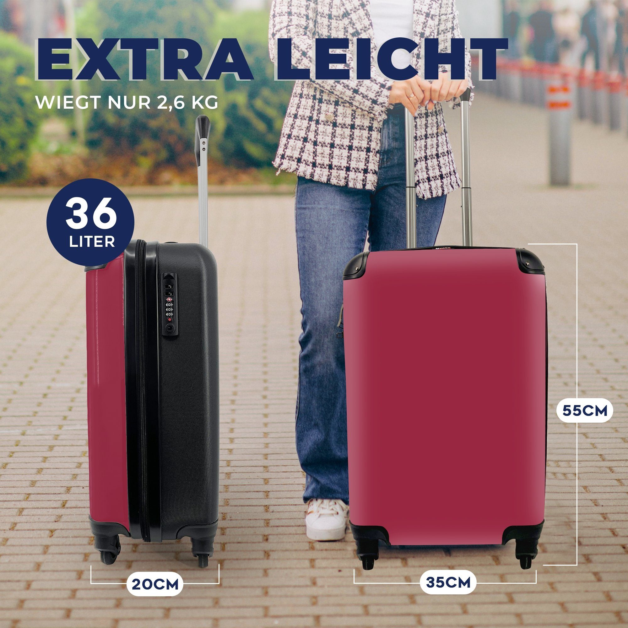 Handgepäckkoffer MuchoWow Ferien, Einfarbig, Trolley, rollen, mit Handgepäck Reisekoffer Rot 4 Rollen, Reisetasche für -