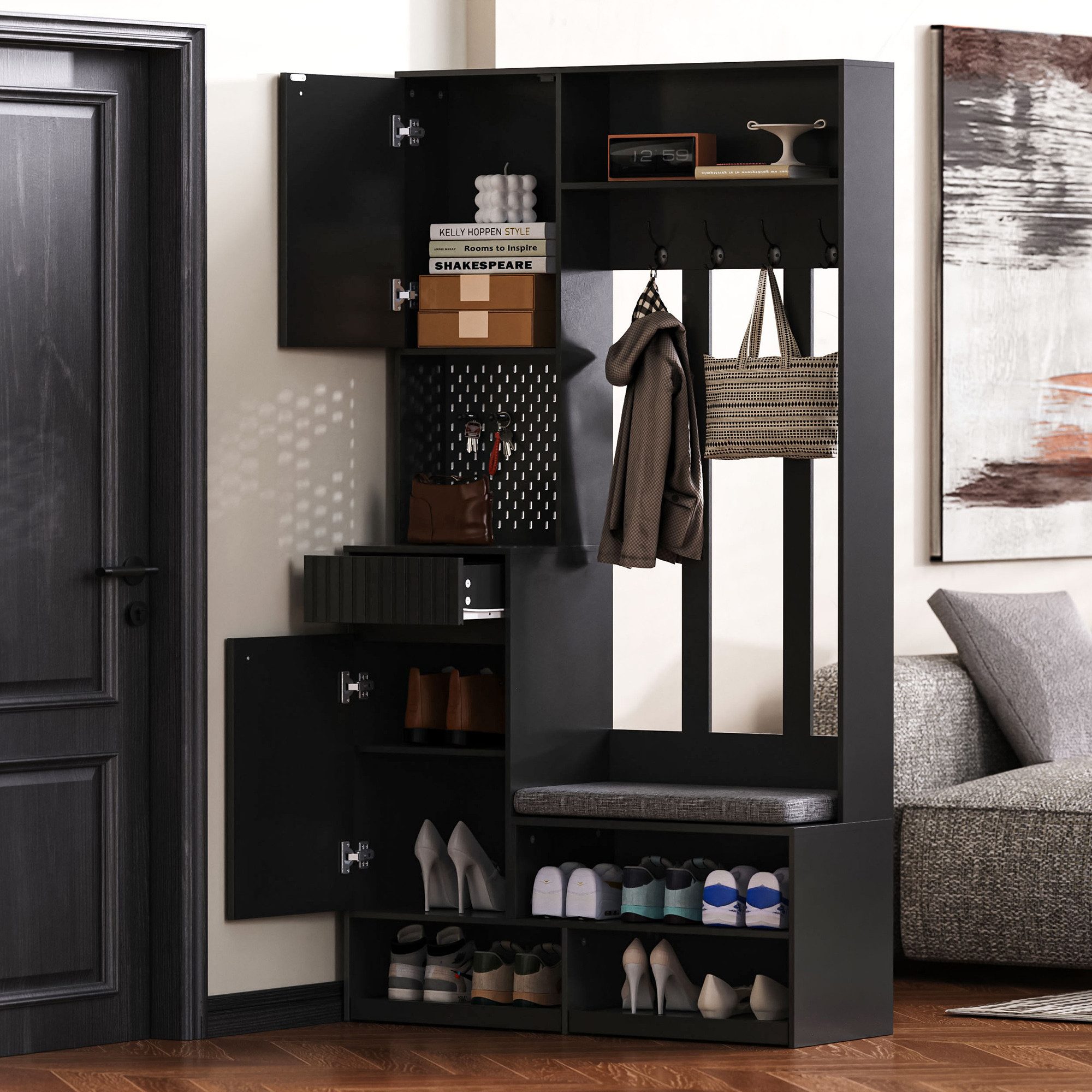 KLAM HOME Garderoben-Set Garderobenset, Komplett-Set Flurgarderobe mit Sitzbank, 4 Haken, (Multifunktionales Garderobenset 100×180×35 cm), Schubladen & Kippschutz für Eingangsbereich, Flur und Zuhause