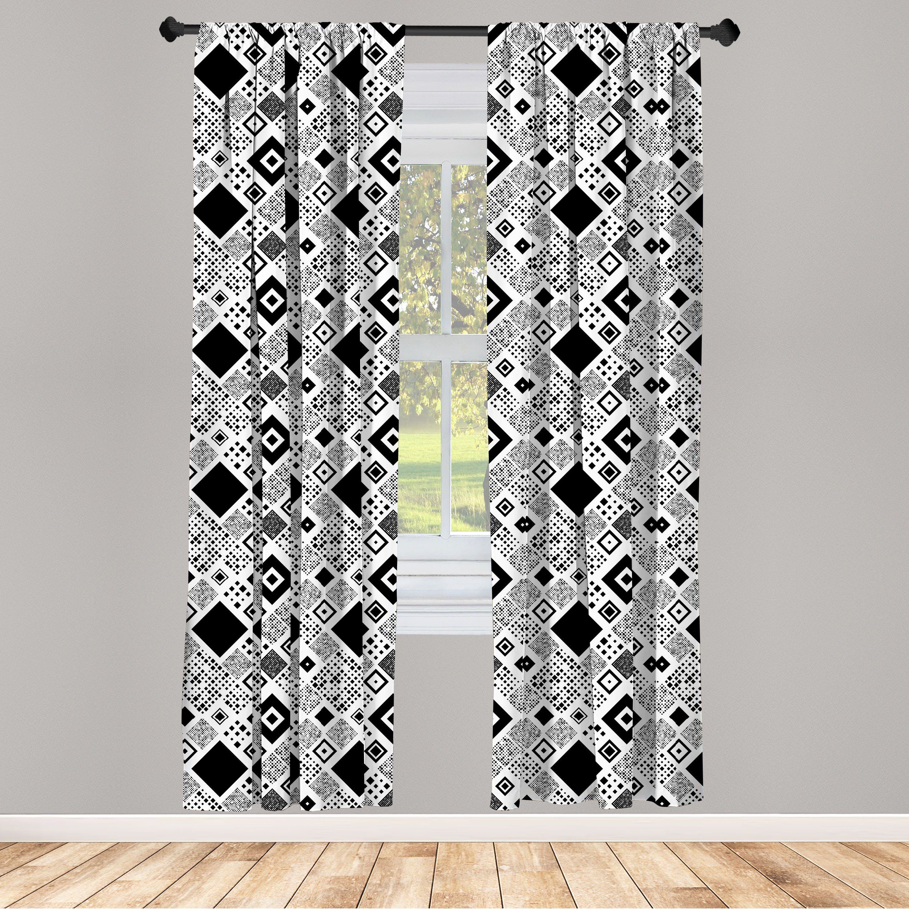 Gardine Vorhang für Wohnzimmer Abakuhaus, Schlafzimmer Microfaser, Big Little Squares Dekor, Schwarz-Weiss