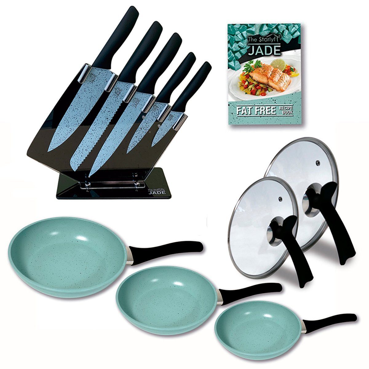 Starlyf Pfannen-Set Jade Pan Set + Jade Knife Series, Aluminium (Spar-Set, 11-tlg., 3 Pfannen, 2 Glasdeckel, 5 Messer, 1 Messerständer), Pfannen - Messerset - Messerblock