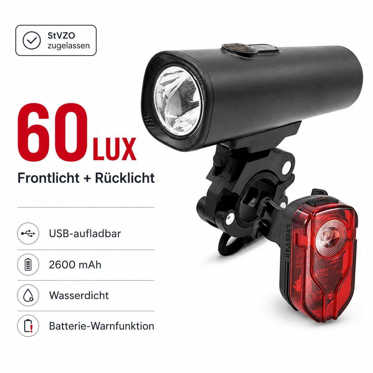 AIBISTAR Fahrradbeleuchtung Fahrradlicht Set StVZO zugelassen, 60 Lux, USB-aufladbar, 2600 mAh,60 LUX Superhell,Wasserdicht,Niedrige Batterie-Warnfunktion