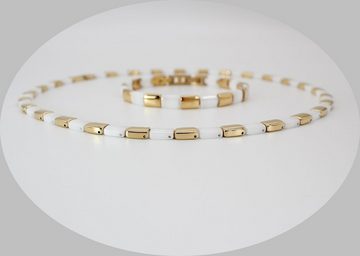 ELLAWIL Collier-Set Collier und Armband aus Keramik und Edelstahl Weiß, Gold (Kettenlänge 48 cm, Armbandlänge 19 cm, Breite 6 mm), inklusive Geschenkschachtel