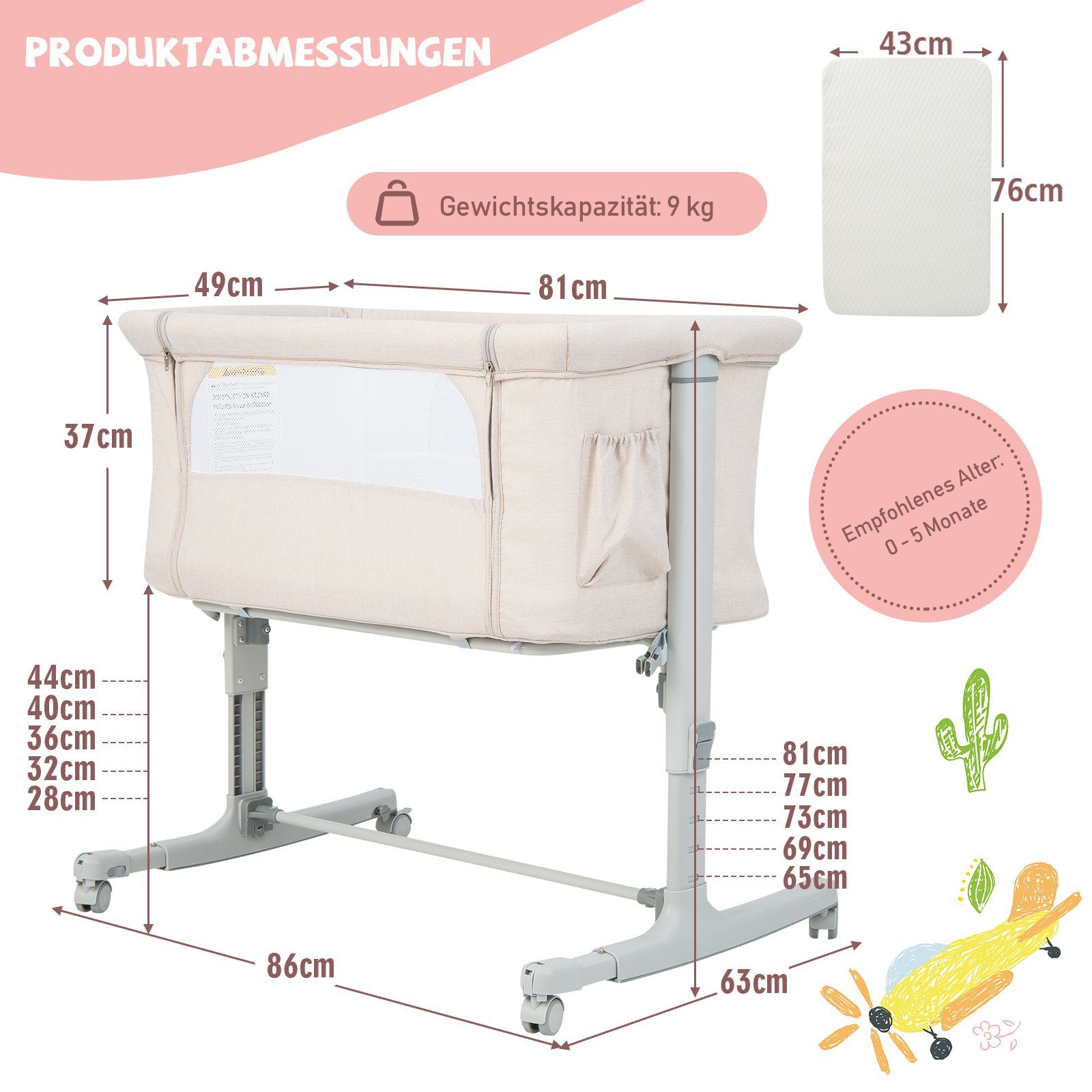 COSTWAY Beistellbett 3 in 1 Reisebett, 5-stufig höhenverstellbar,Matratze günstig online kaufen