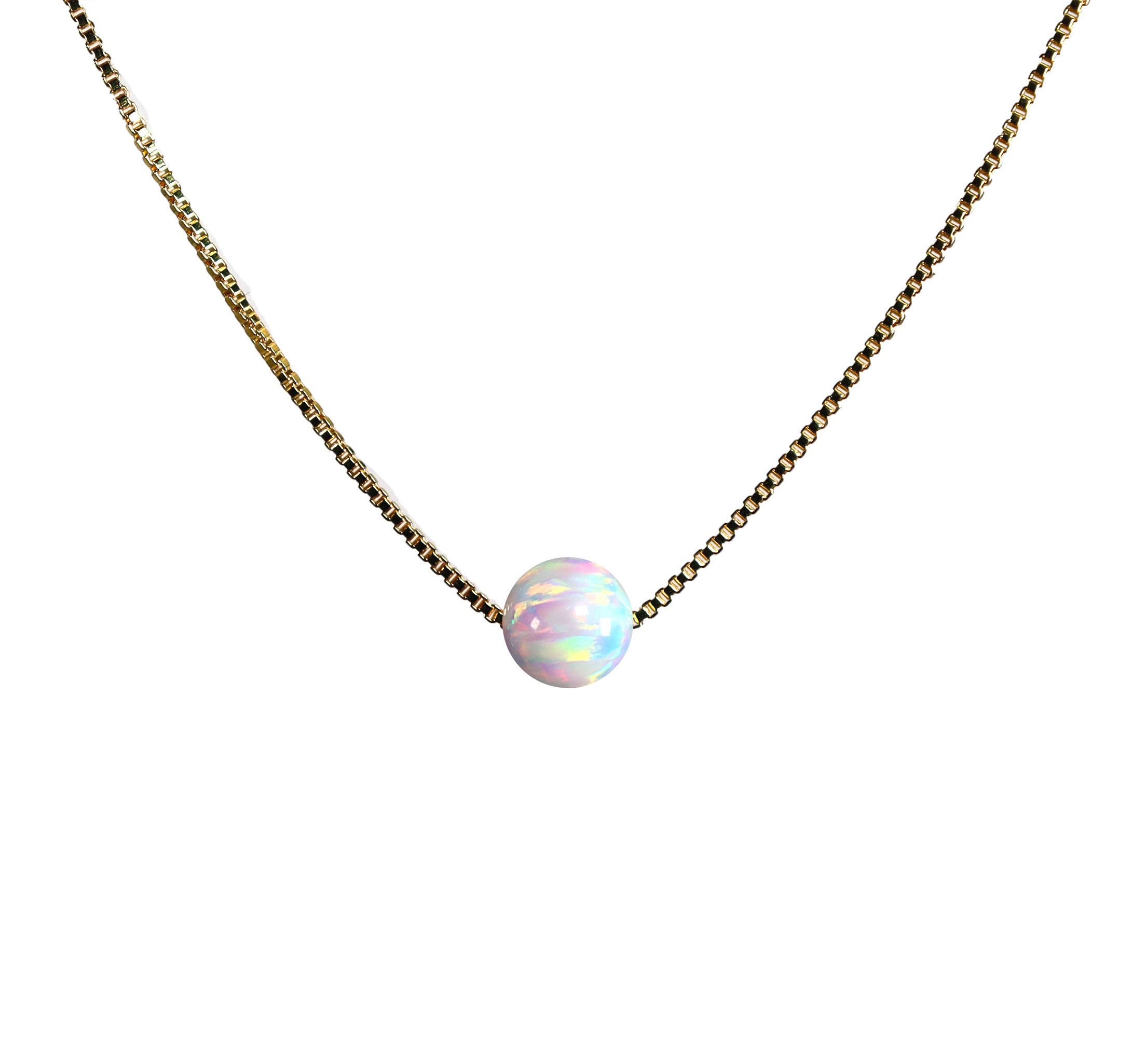 Edellis Kette mit Anhänger Halskette Mit Weißem Opal 8 mm, 14 Karat Gold Gefüllt