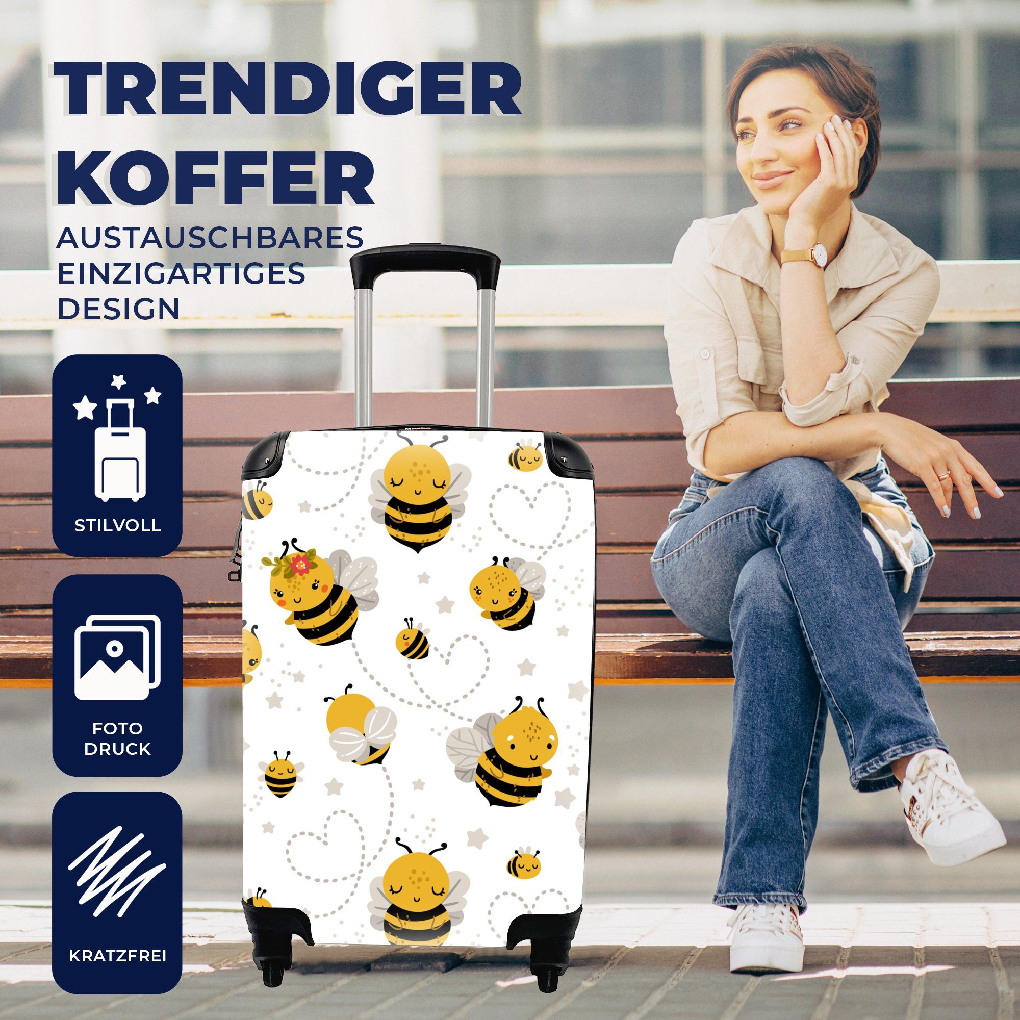 Handgepäck für Handgepäckkoffer Muster Ferien, 4 Herzen, rollen, Reisetasche - MuchoWow Rollen, mit Trolley, - Bienen Reisekoffer