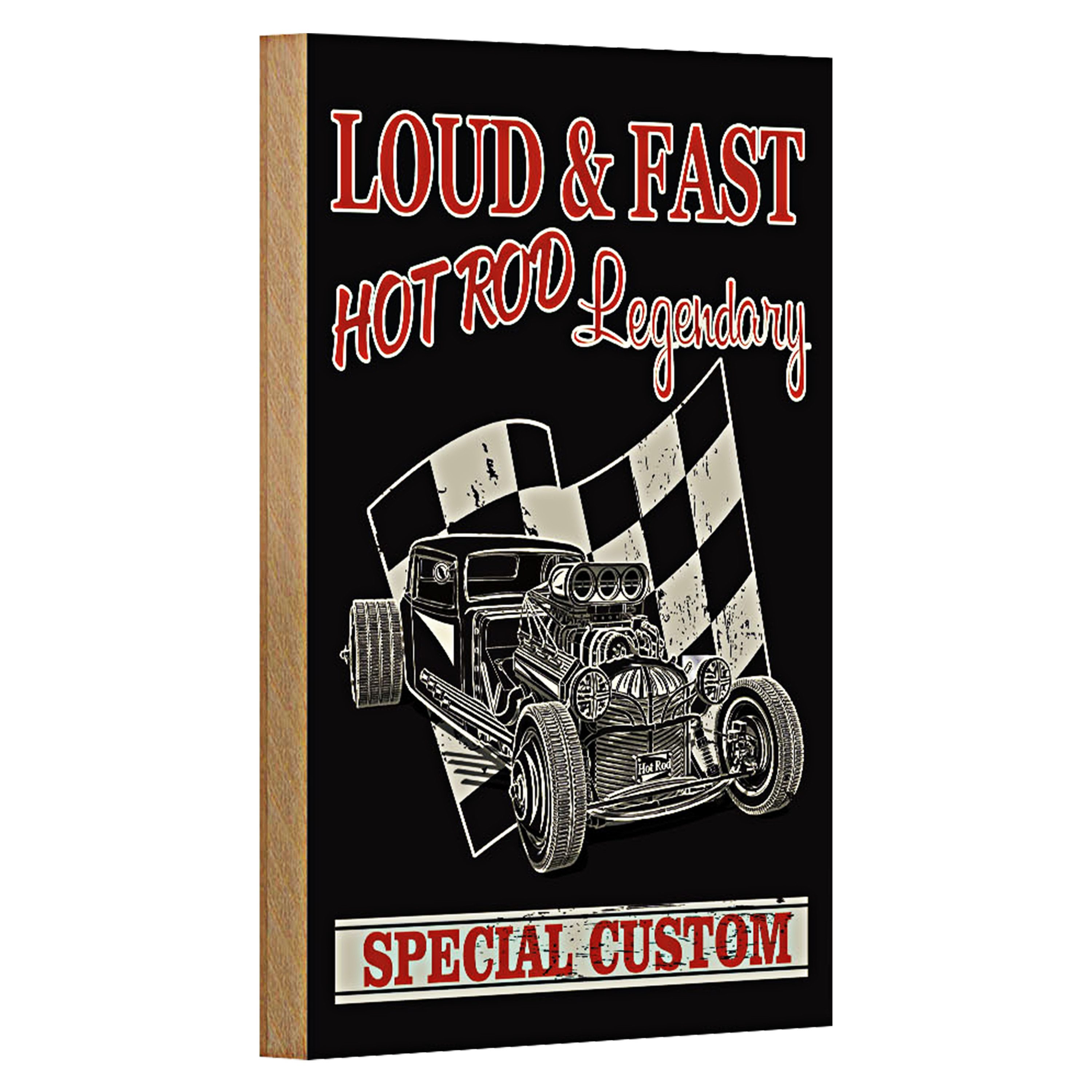 Roomando Holzbild Auto 12x18cm loud & fast hot rod legendary