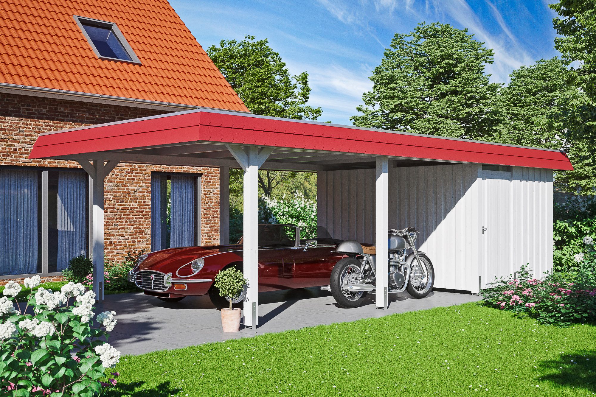 Thumbnail - Skanholz Einzelcarport Wendland, BxT: 409x870 cm, 210 cm Einfahrtshöhe, mit Abstellraum mit Aluminiumdach, rote Blende