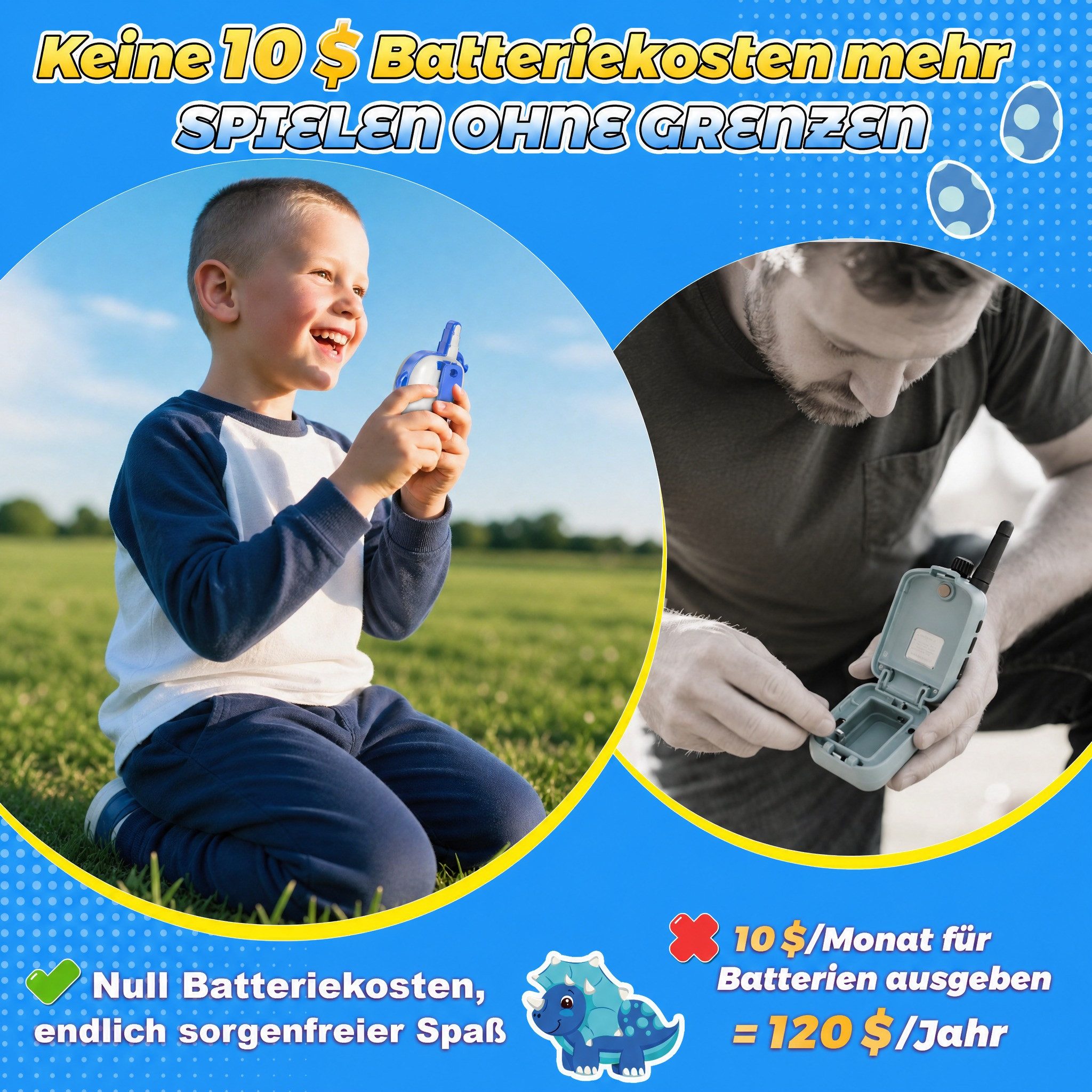 Wootoy Walkie Talkie Kinder-Walkie-Talkies 2er Set Funkgerät Spielzeug mit Type-C-Anschluss, (Integrierter Akku bis zu 48 Stunden Betriebszeit, 2-St., Reichweite bis zu 305 m mit stabiler Signalübertragung), im Dinosaurier-Design für gemeinsame Spiel- und Abenteuererlebnisse