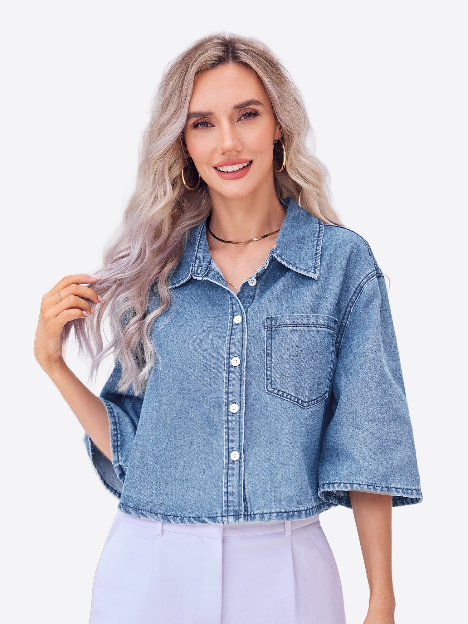 Imily Bela Jeansjacke Damen Crop Denim Halbarm Teilungsnaht Oberteil (Packung, 1-St., 1per-Pack) in Unifarbe