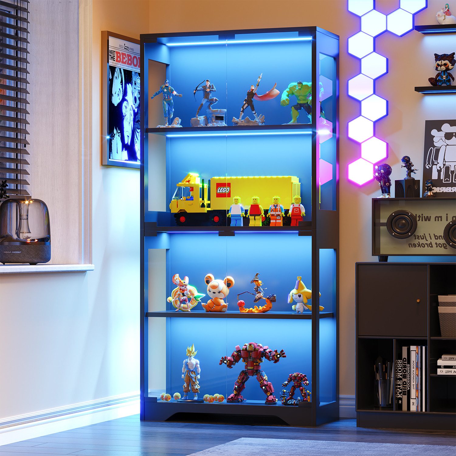 Furnicopia Glasvitrine mit RGB-LED-Beleuchtung Standvitrinen, vitrine Wohnzimmer (165*80*35 cm große multifunktionale Vitrine mit App-/manueller Beleuchtungssteuerung, vier Ebenen mit doppelten Türen und unabhängigen Glasvitrinen sowie einer Gesamtbelastb