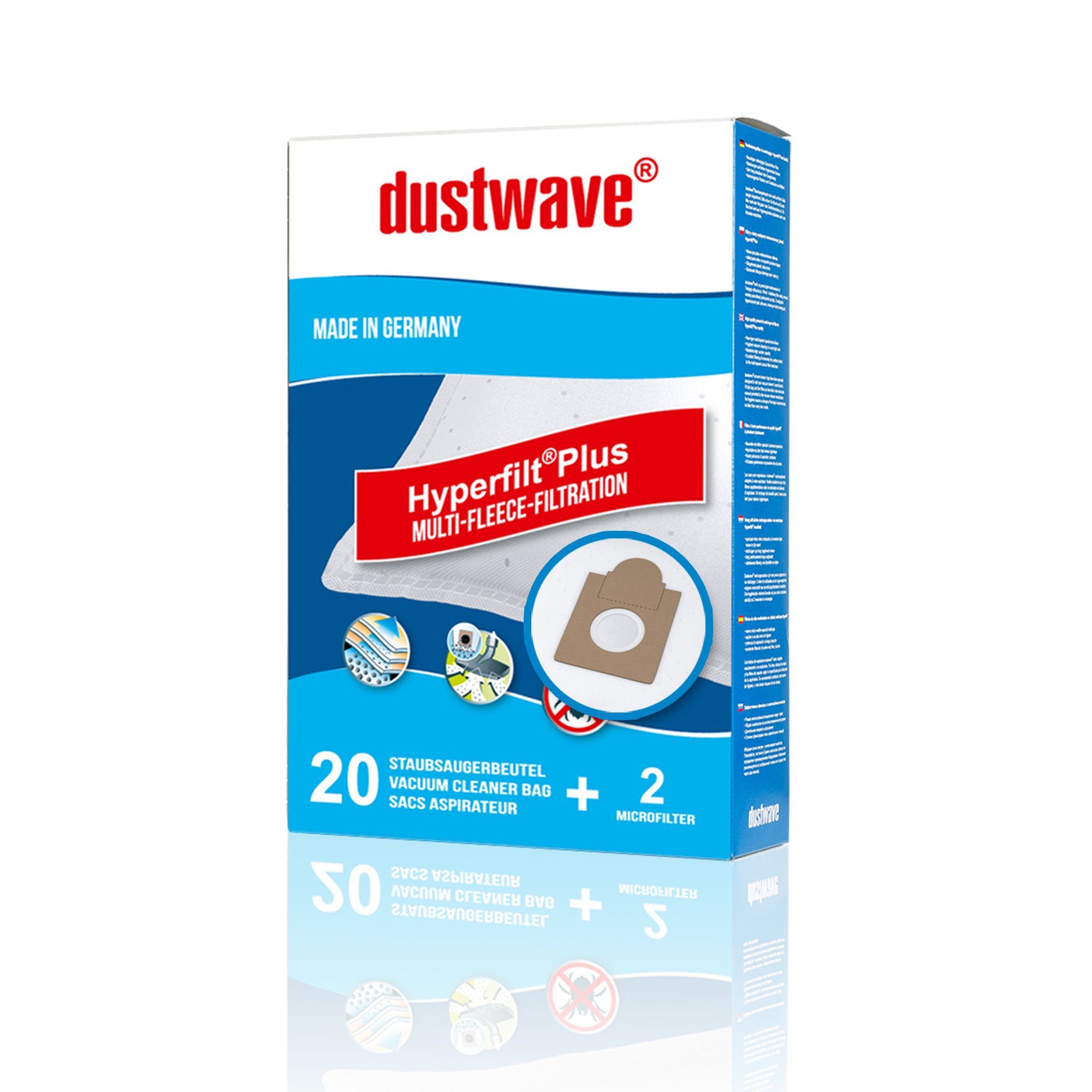 Dustwave Staubsaugerbeutel Megapack, passend für Ariete Aspirium 2372…. 2386 Serie, 20 St., Megapack, 20 Staubsaugerbeutel + 2 Hepa-Filter (ca. 15x15cm - zuschneidbar)