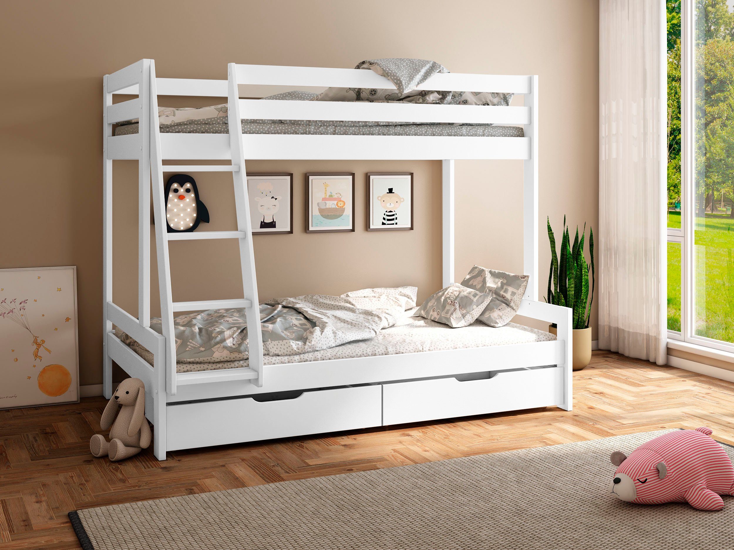 Lüttenhütt Etagenbett Doppelstockbett, Hochbett, "NORA" BESTSELLER! (Leiter beidseitig montierbar), mit Schubladen, zertifiziertes Massivholz, breite Liegefläche unten