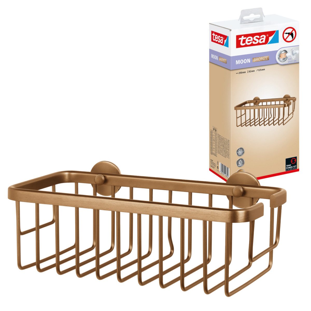 tesa Duschregal Duschablage Moon - selbstklebendes, extra tiefes Duschregal, 3-tlg., PVD-beschichtetes Metall - ohne Bohren - 92x250x125 mm - Bronze