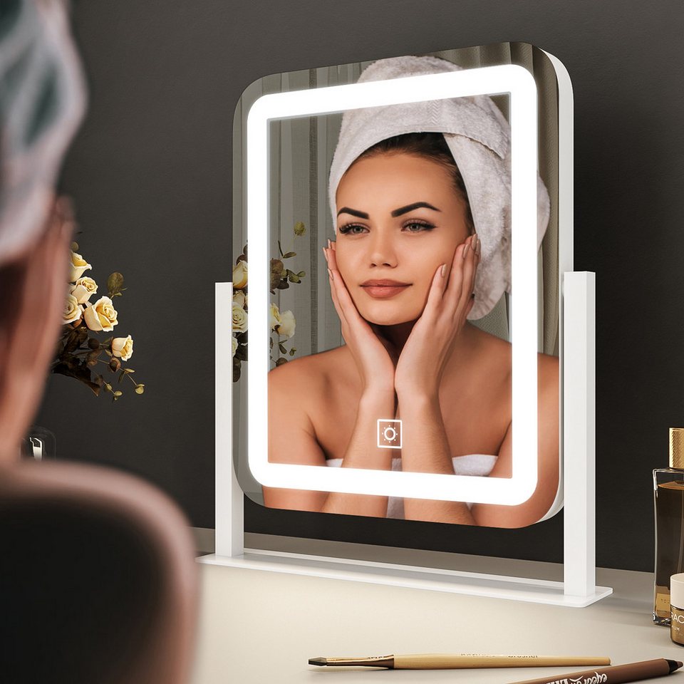 WDWRITTI Schminkspiegel Kosmetikspiegel LED Tisch mit Beleuchtung (Makeup Spiegel Rechteckig, 3Lichtfarben, Helligkeit dimmbar, Touch), 360° Drehbar, HD Umweltschutz Spiegel