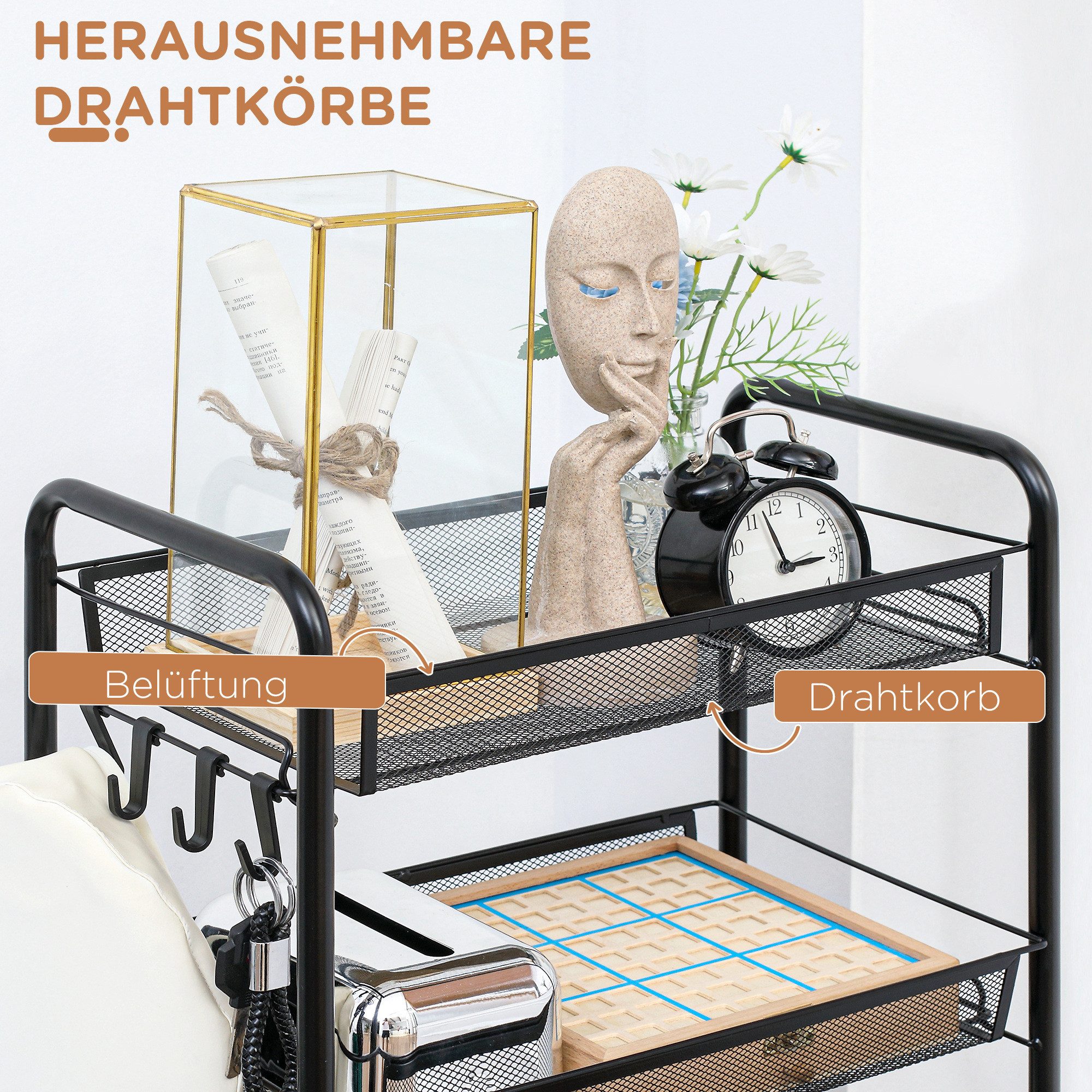 HOMCOM Servierwagen Küchenwagen mit 5 Ebenen, Rollwagen mit Rollen, (für Wohnzimmer und Schlafzimmer, 1 St., Aufbewahrungswagen aus Stahl), 45cm x 26,5cm x 106c – Bild 5 von 5