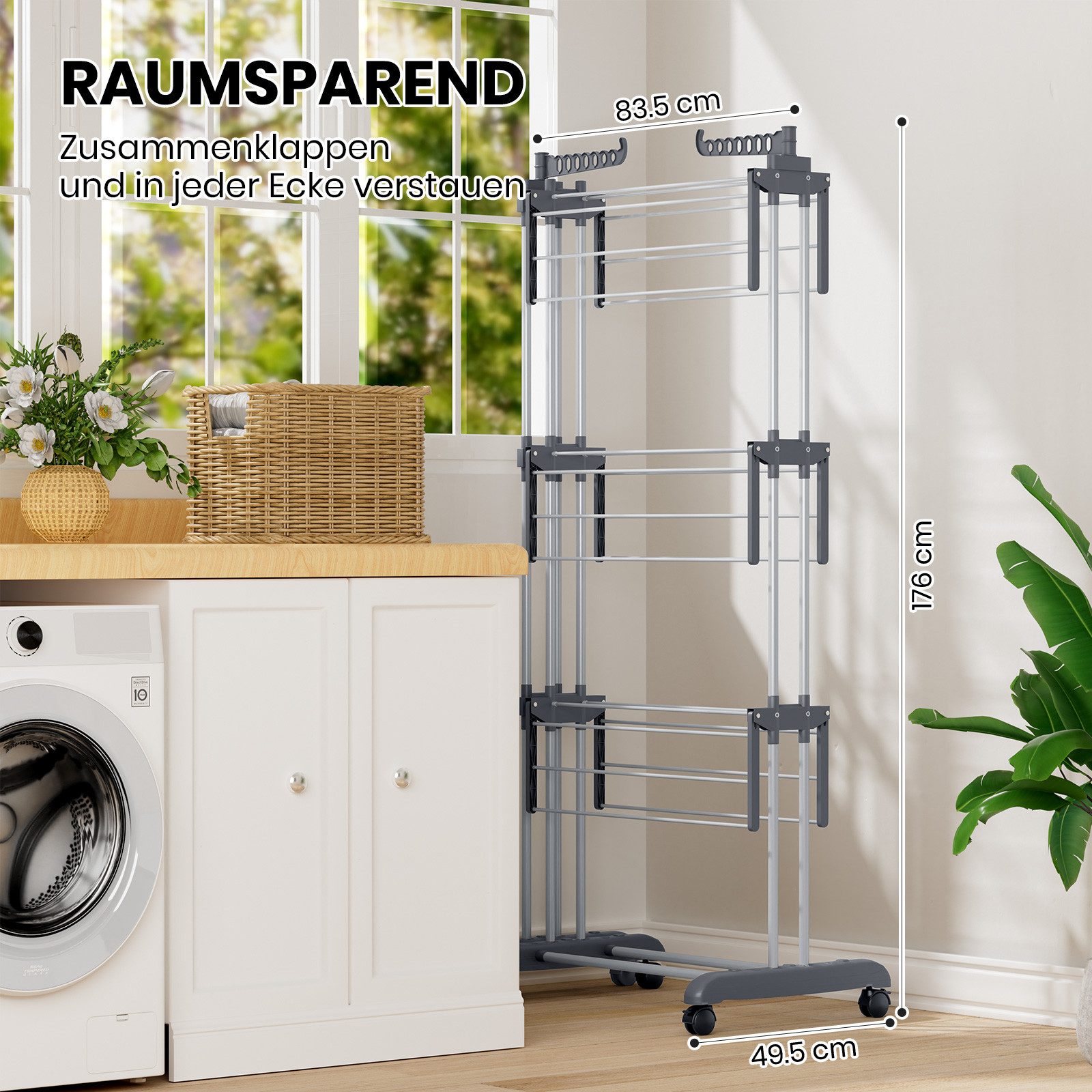 Oak&Tea Wäscheständer Turm Standtrockner 4 Ebenen Ausziehbarer mit klappbare Flügel, XXL Standtrockner, 4 Ebenen, klappbare zwischen 83-200cm, mit Rollen