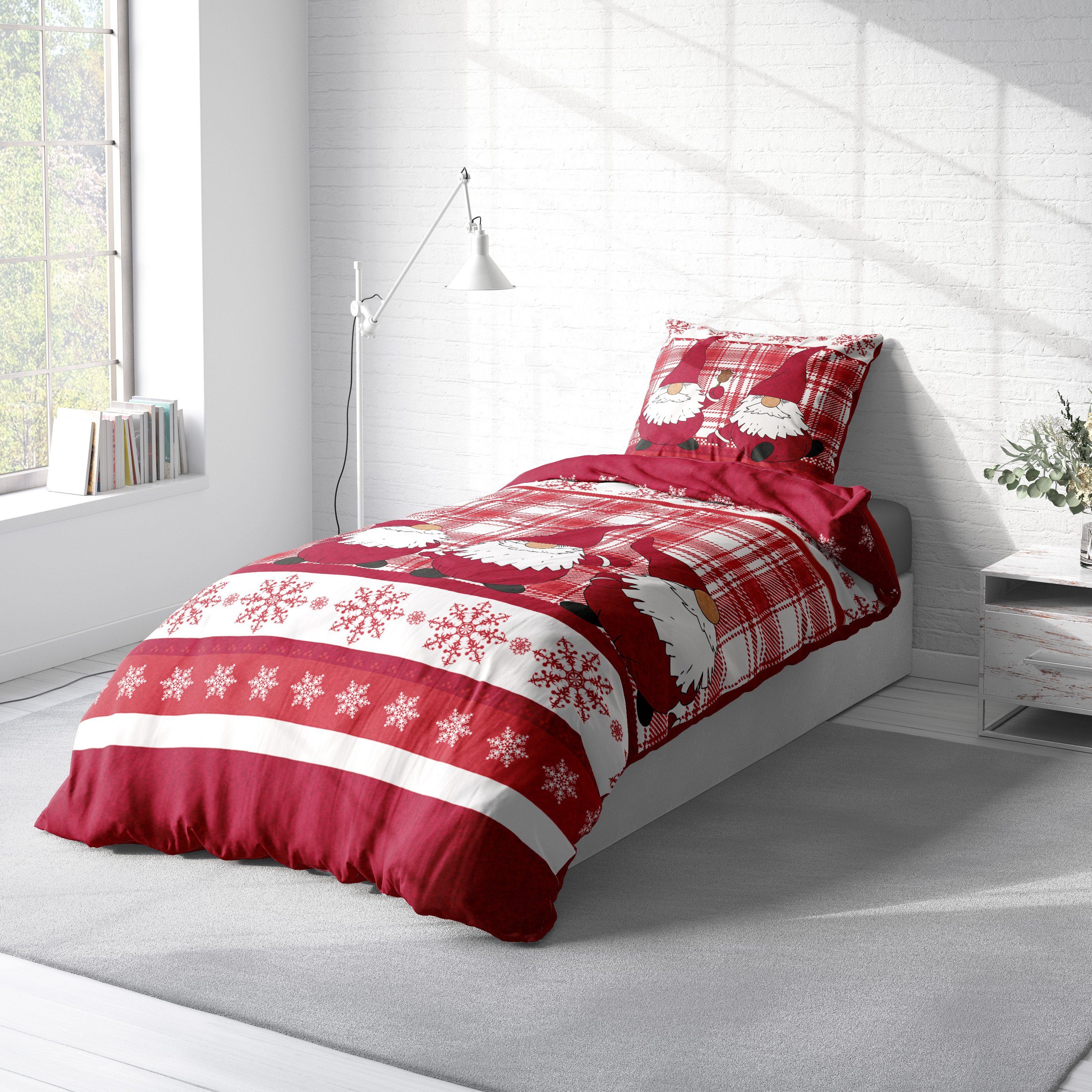 One Home Bettwäsche Wichtel Weihnachten Weihnachtsbettwäsche, Fleece, 4 teilig, Christmas kariert, kuschelig flauschig warm weich Winter Normalgröße