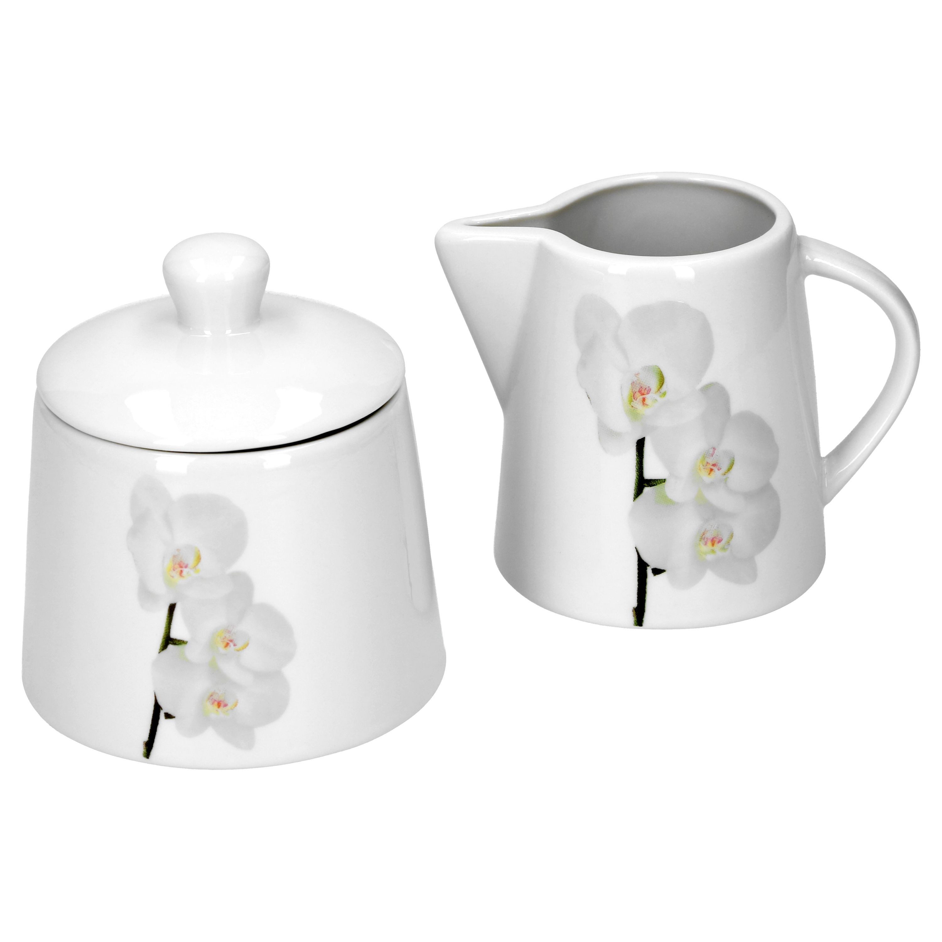 van Well Milch- und Zuckerset Kaffeeergänzungsset Milchkännchen & Zuckerdose Vanda weiße Orchidee, Porzellan