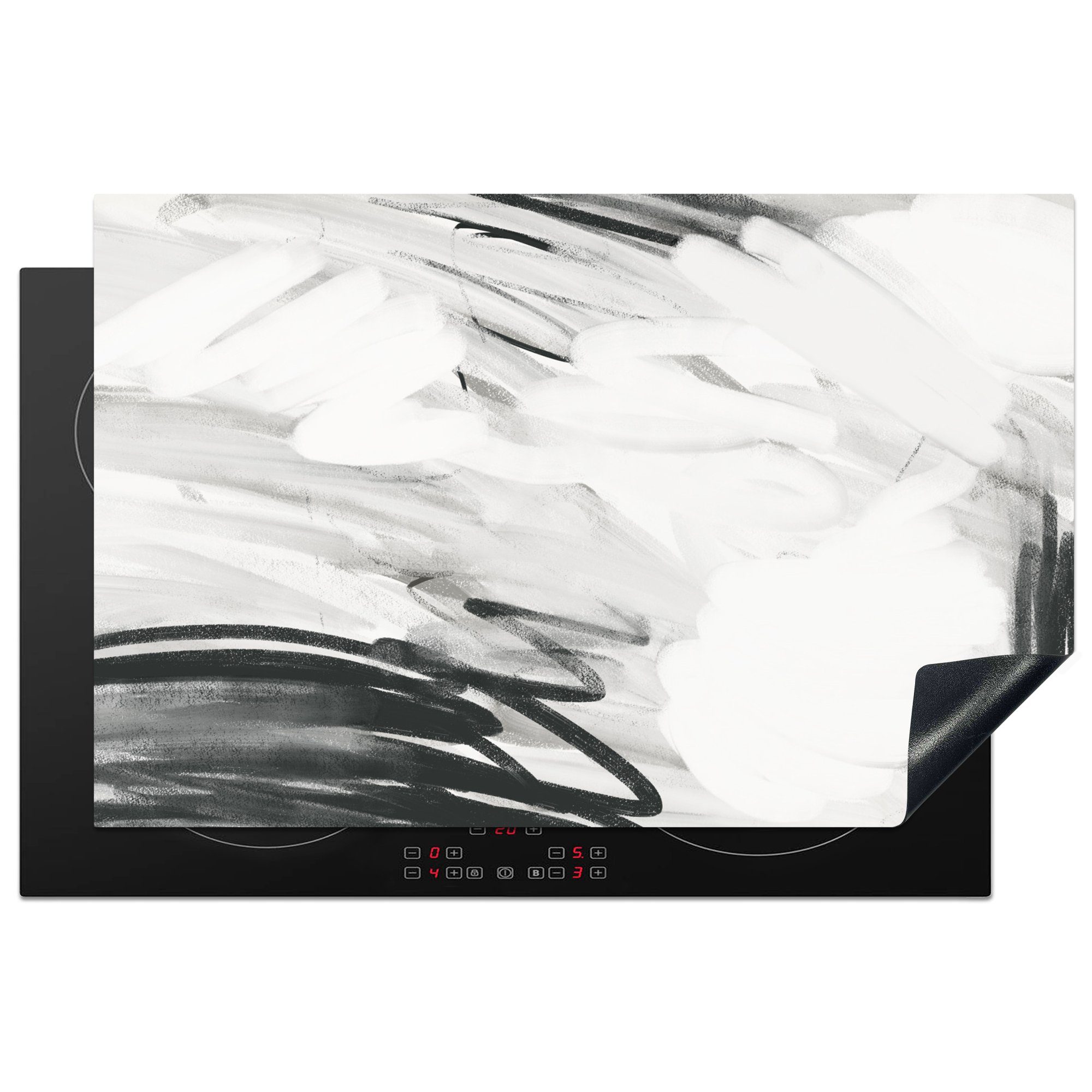 MuchoWow Herdblende-/Abdeckplatte Schwarz - Weiß - Grau - Abstrakt, Vinyl, (1 tlg), 81x52 cm, Induktionskochfeld Schutz für die küche, Ceranfeldabdeckung