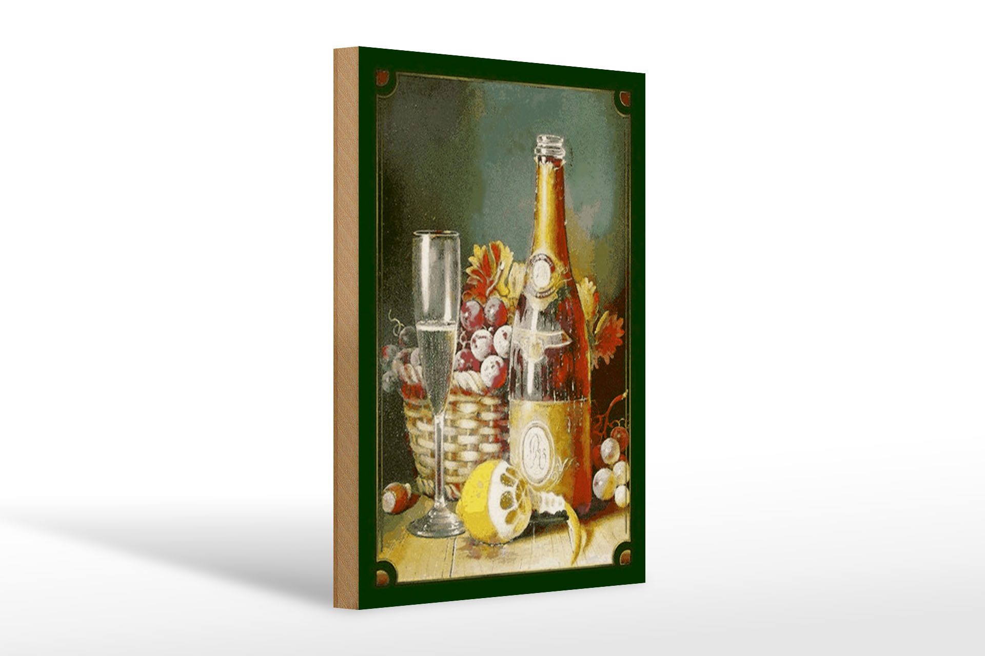 Holzbild Kunst 20x30cm Stillleben Sekt Obstkorb Zitrone