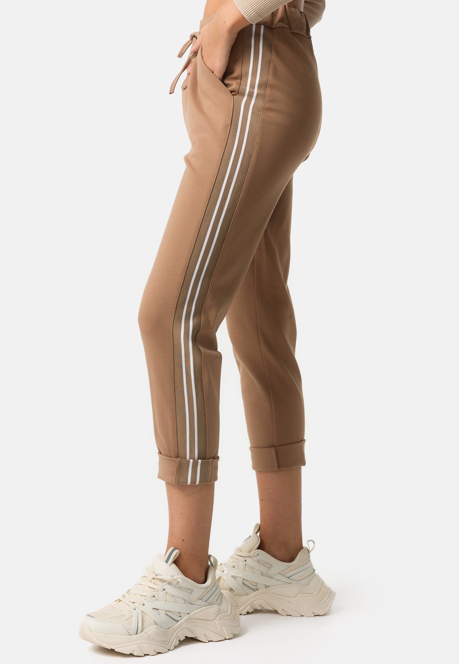 PM64 (Sportliche mit Seitliche Camel PM Freizeithose Taschen) SELECTED Relaxhose Streifen