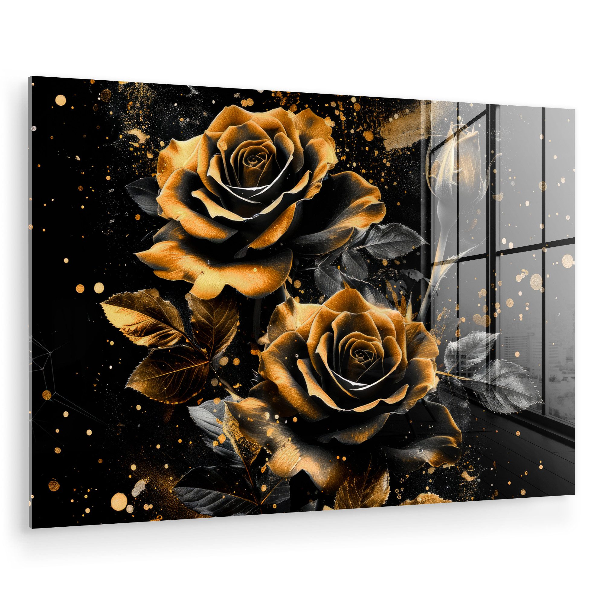 Acrylglasbild Rosen - Gold - Schwarz - Blumen - Modern