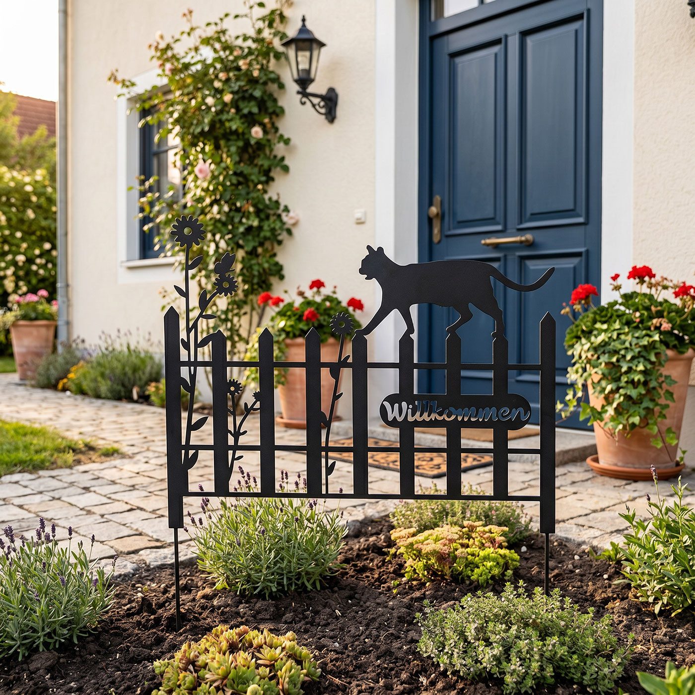 Levandeo® Gartenstecker Gartenstecker Metall Katze 37x40cm Garten Zaun Schwarz Willkommen Gart – Bild 4 von 5
