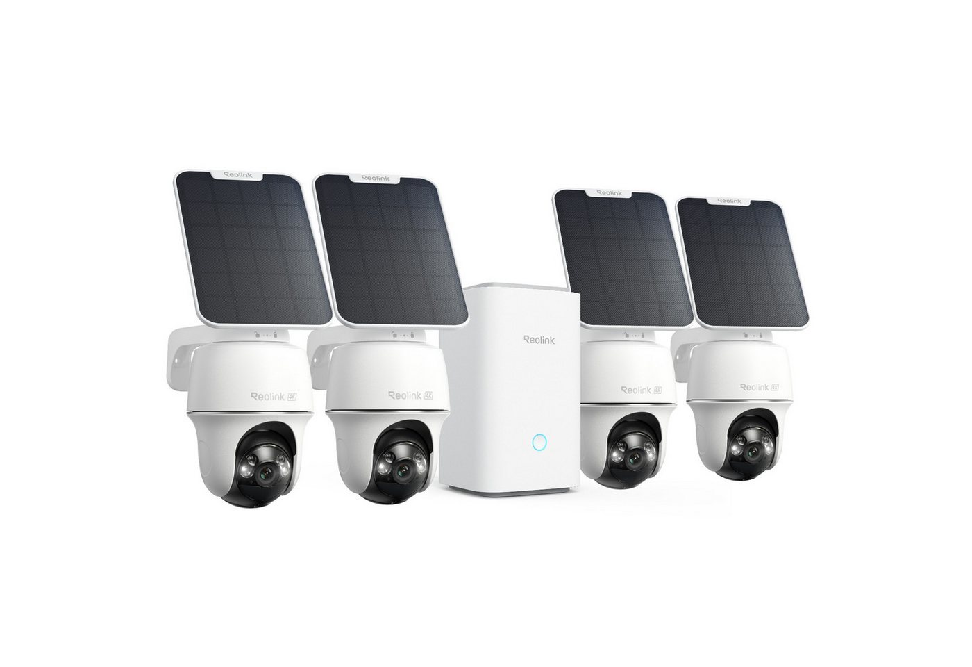 Reolink Überwachungskamera Kabelloses Sicherheitssystem mit 4K PT Akku Argus PT Ultra (AuBenbereich, 4-tlg., 360° Ansicht in 4K,Farbige Nachtsicht mit Reolink Home Hub)