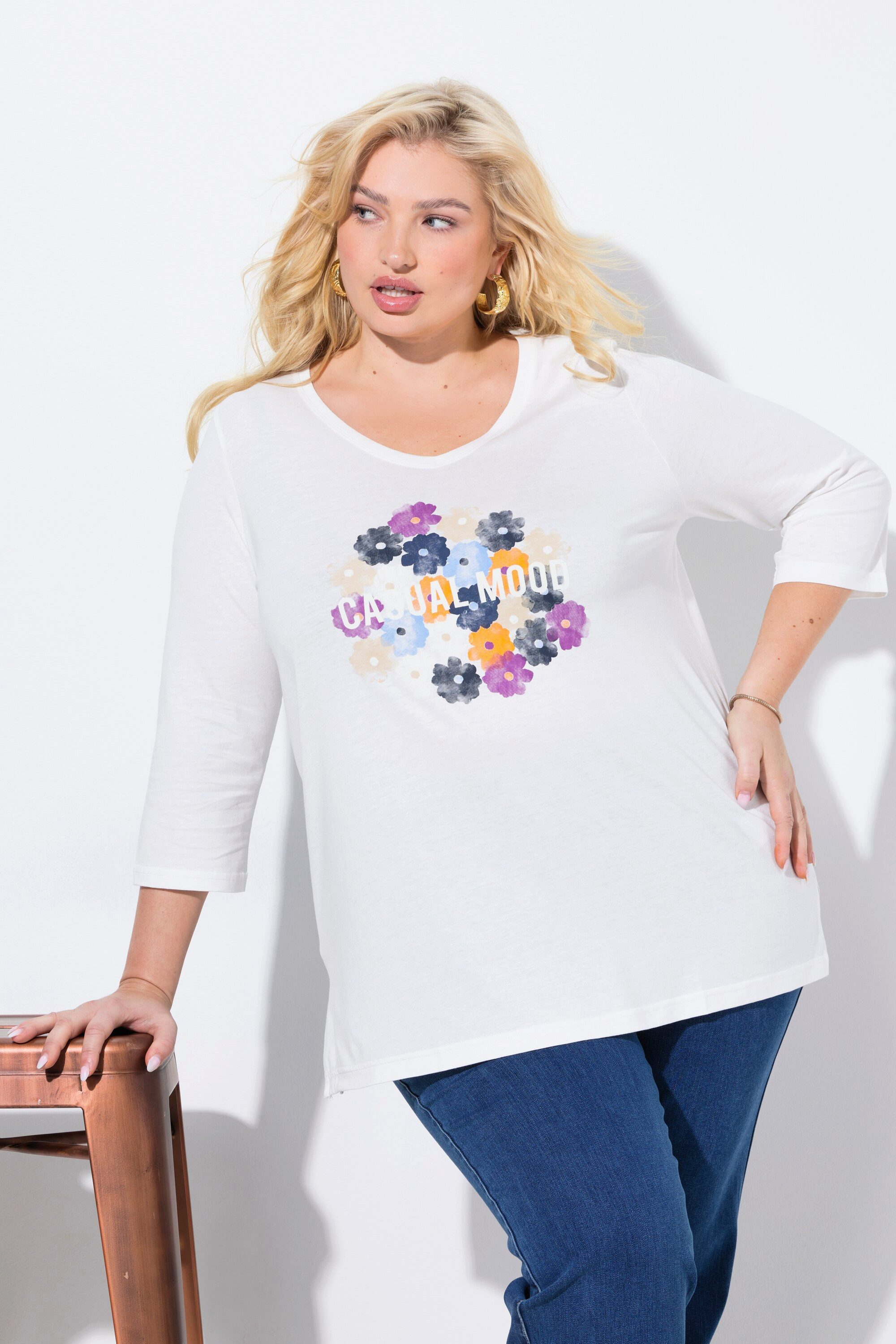 Ulla Popken T-Shirt Shirt Blüten Classic V-Ausschnitt 3/4-Arm – Bild 4 von 5