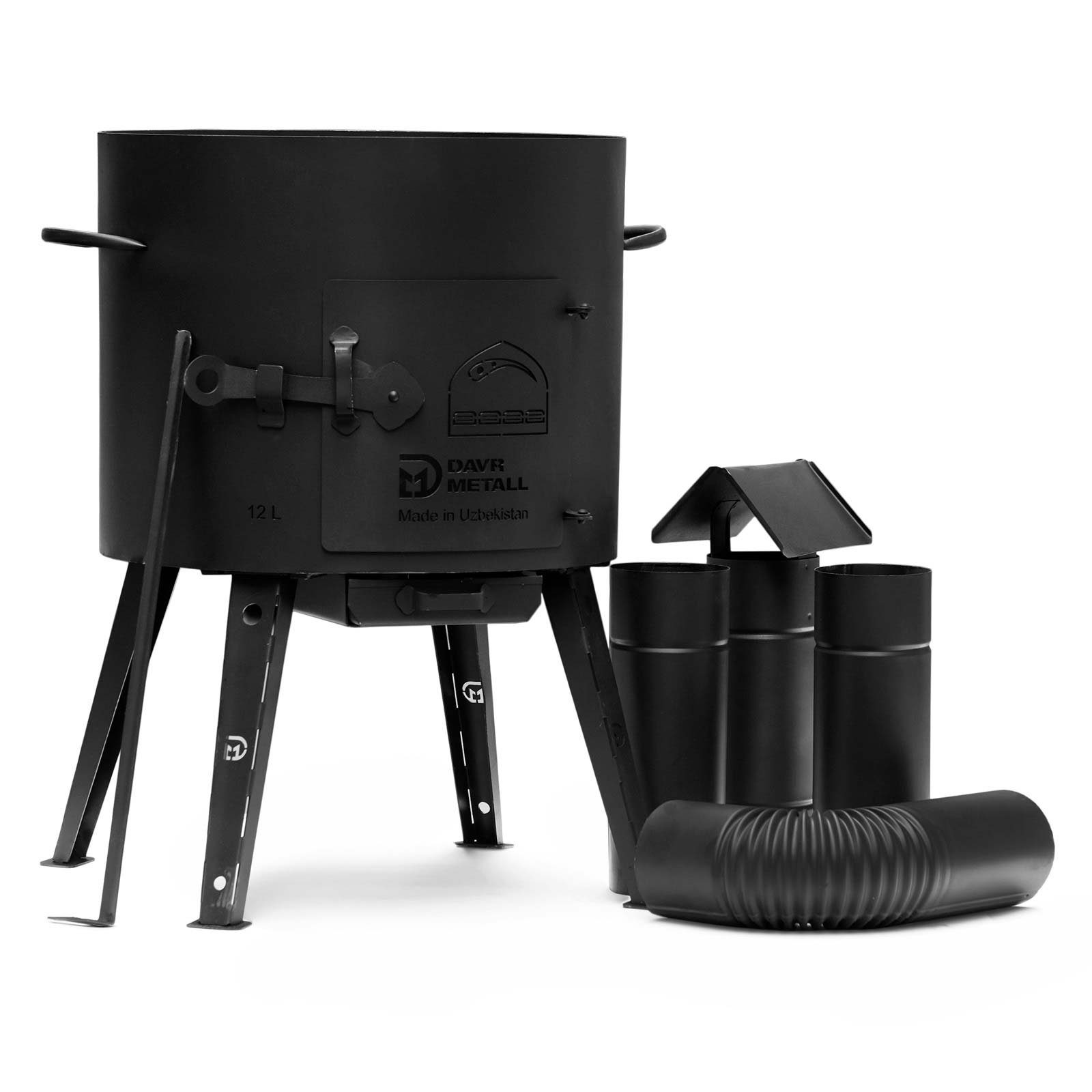 4BIG.fun Feuerstelle Ø40 Uchag 2mm stahl Utschak Utschag Campingofen, (12L Gusseisen Kazan mit Gusseisen Deckel-Bratpfanne Kasan Feuerstelle Feldküche Außenküche Eintopfofen Gulaschkanone), 2mm stahl