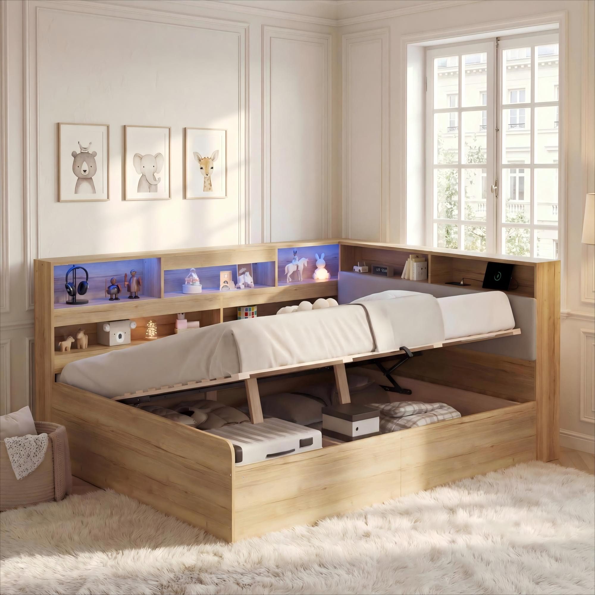 STILVORA Schlafsofa Jugendbett 140×200 mit matratze Hydraulisches Stauraumbett mit USB, Hydraulischer Bettkasten, LED-Beleuchtung, USB/Type-C Ladefunktion