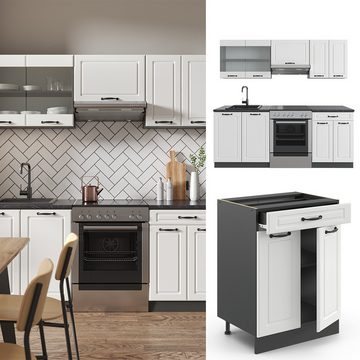 Livinity® Küchenzeile R-Line, Weiß Landhaus/Anthrazit, 200 cm, AP Marmor