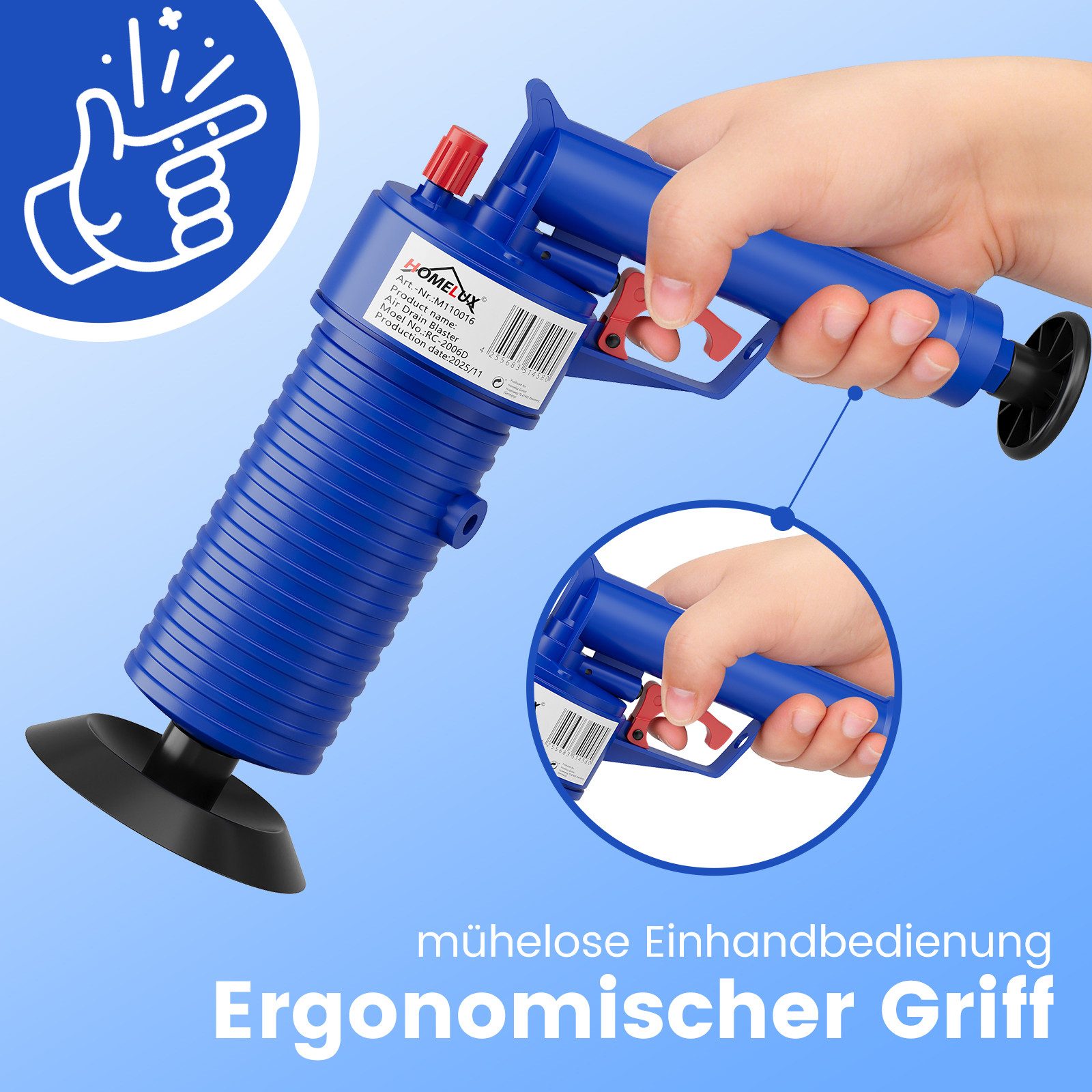HOMELUX Reinigungs-Set Pressluft Rohrreiniger mit 4 Universal-Düsen, (Set, Einfache Bedienung), Reinigung mit Luftdruck