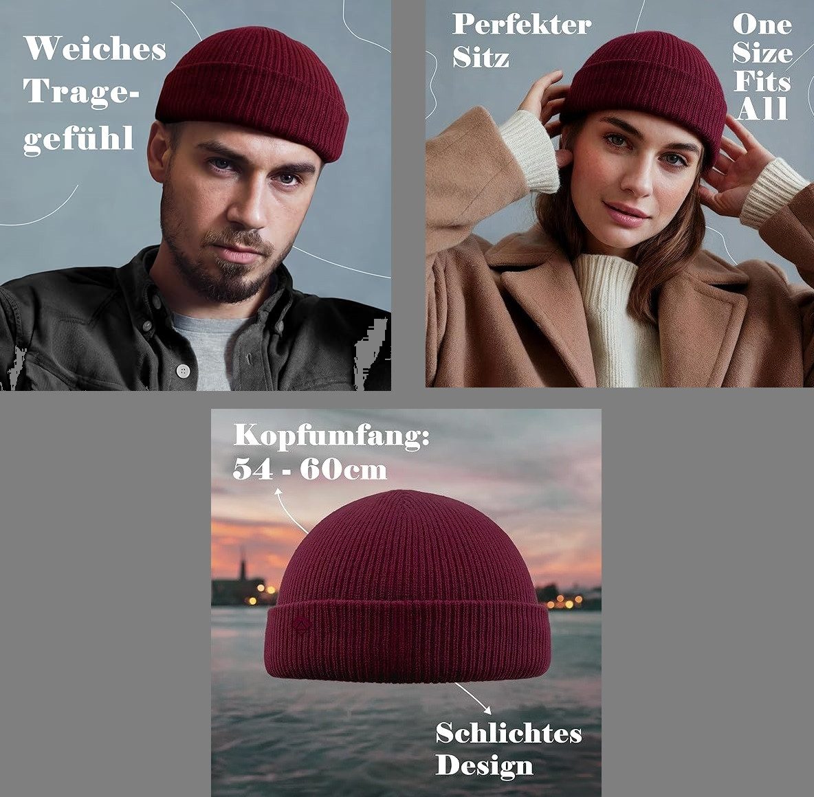 Beanie Street Classics Docker Fisherman doppellagig Unisex Weinrot Onesize