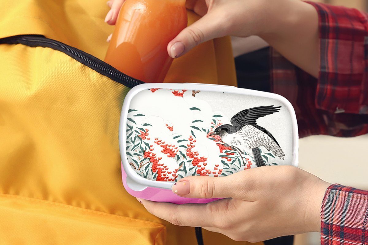 Kunststoff Lunchbox Brotbox Vogel Japanisch, Kunststoff, MuchoWow Snackbox, Mädchen, rosa Kinder, Brotdose - (2-tlg), - Beere für Erwachsene,