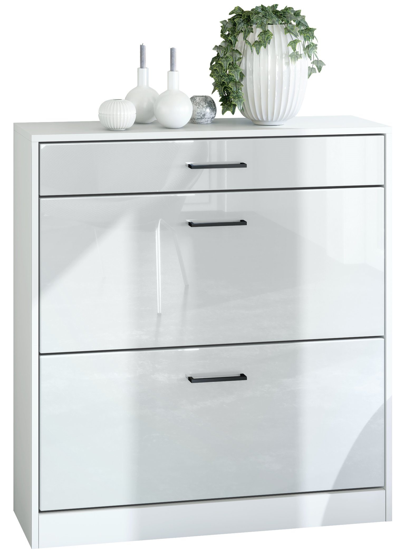 Vladon Schuhschrank Elvas (Schuhkipper, für 16 Paar Schuhe mit 2 Klappen und Schublade) Weiß matt / Weiß Hochglanz, (89 x 95,5 x 27 cm)